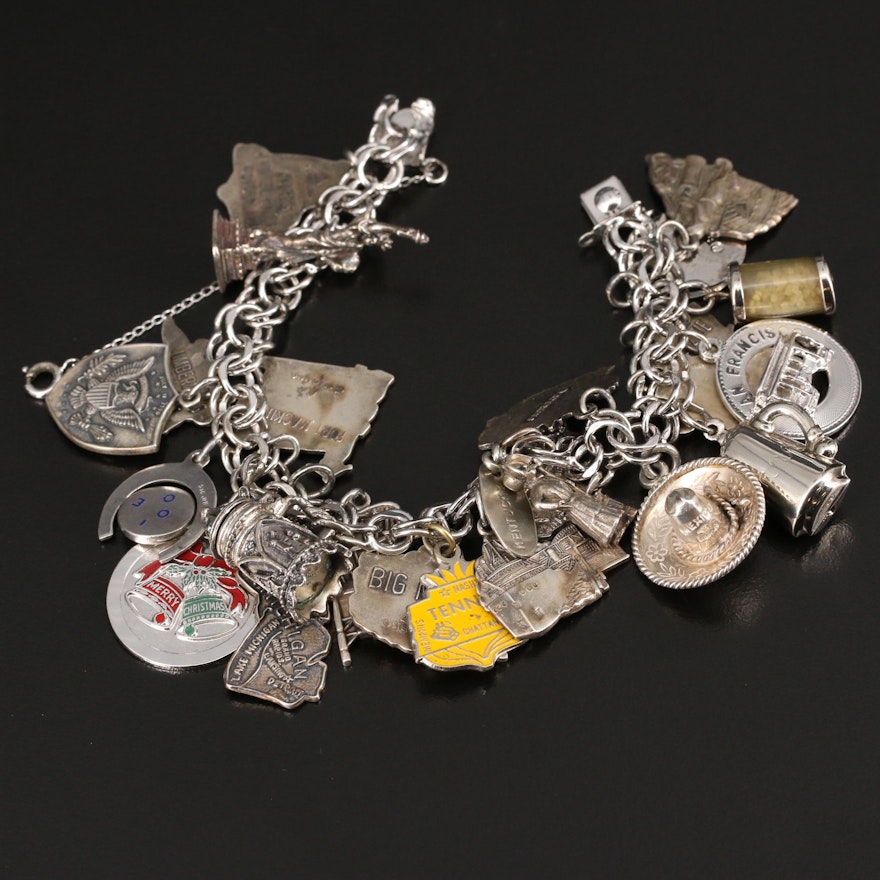 Vintage Sterling Silver United States Travel Themed Charm Bracelet