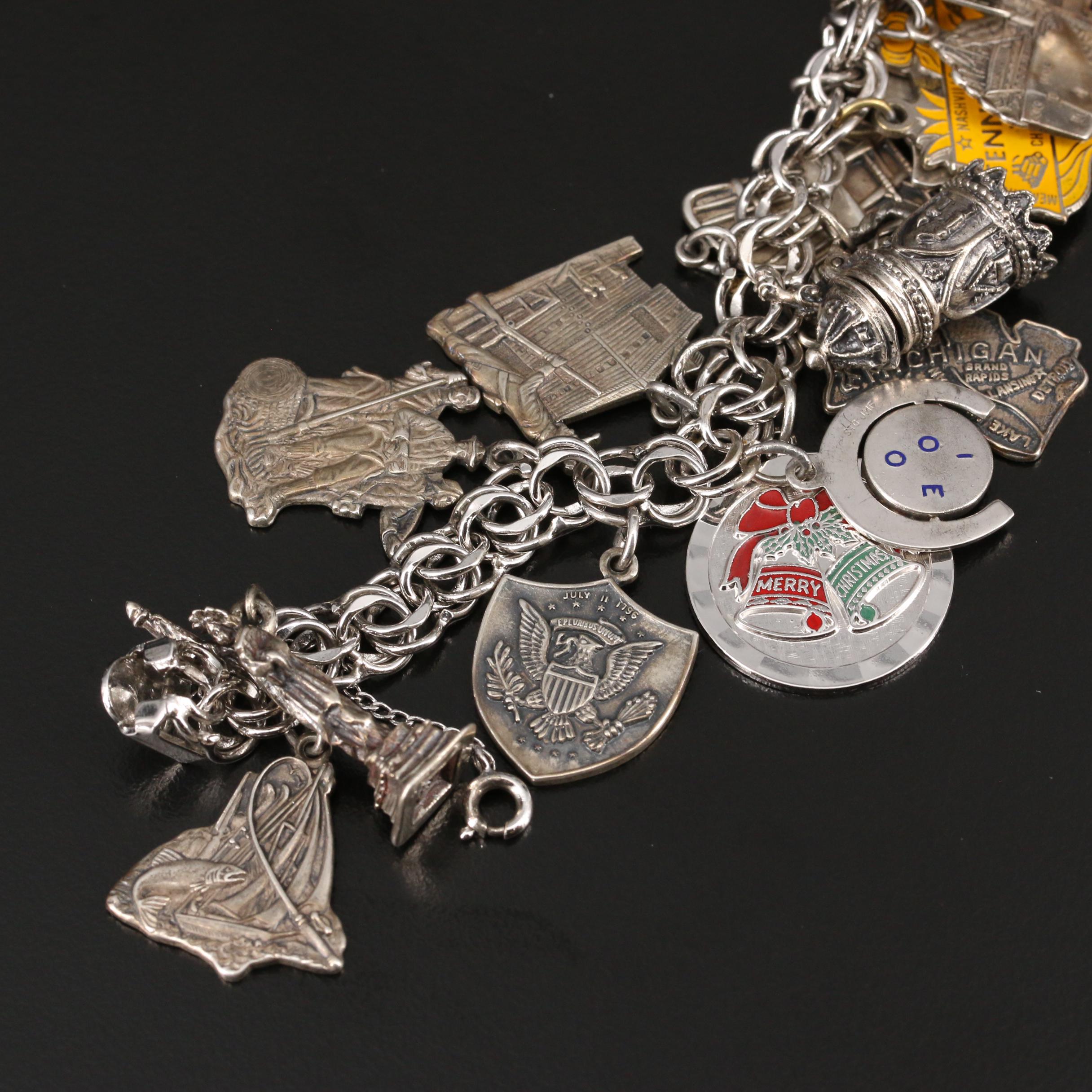 Vintage Sterling Silver United States Travel Themed Charm Bracelet