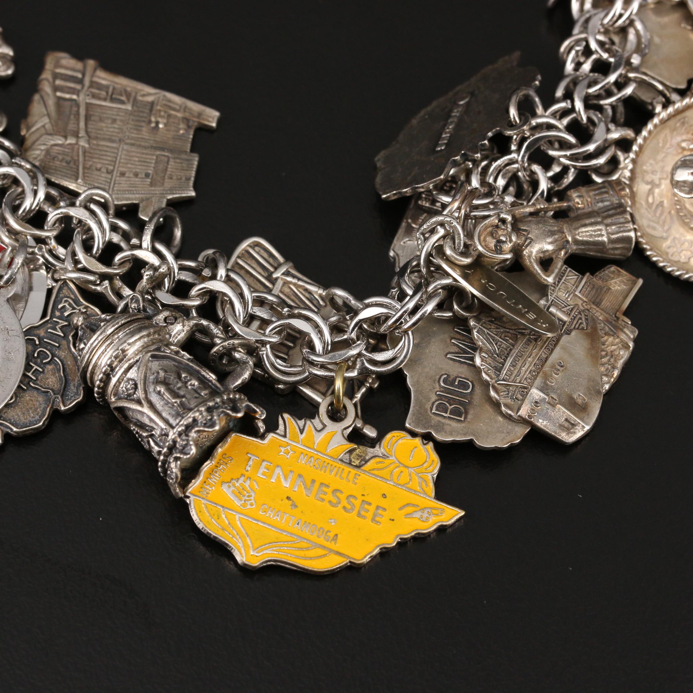 Vintage Sterling Silver United States Travel Themed Charm Bracelet