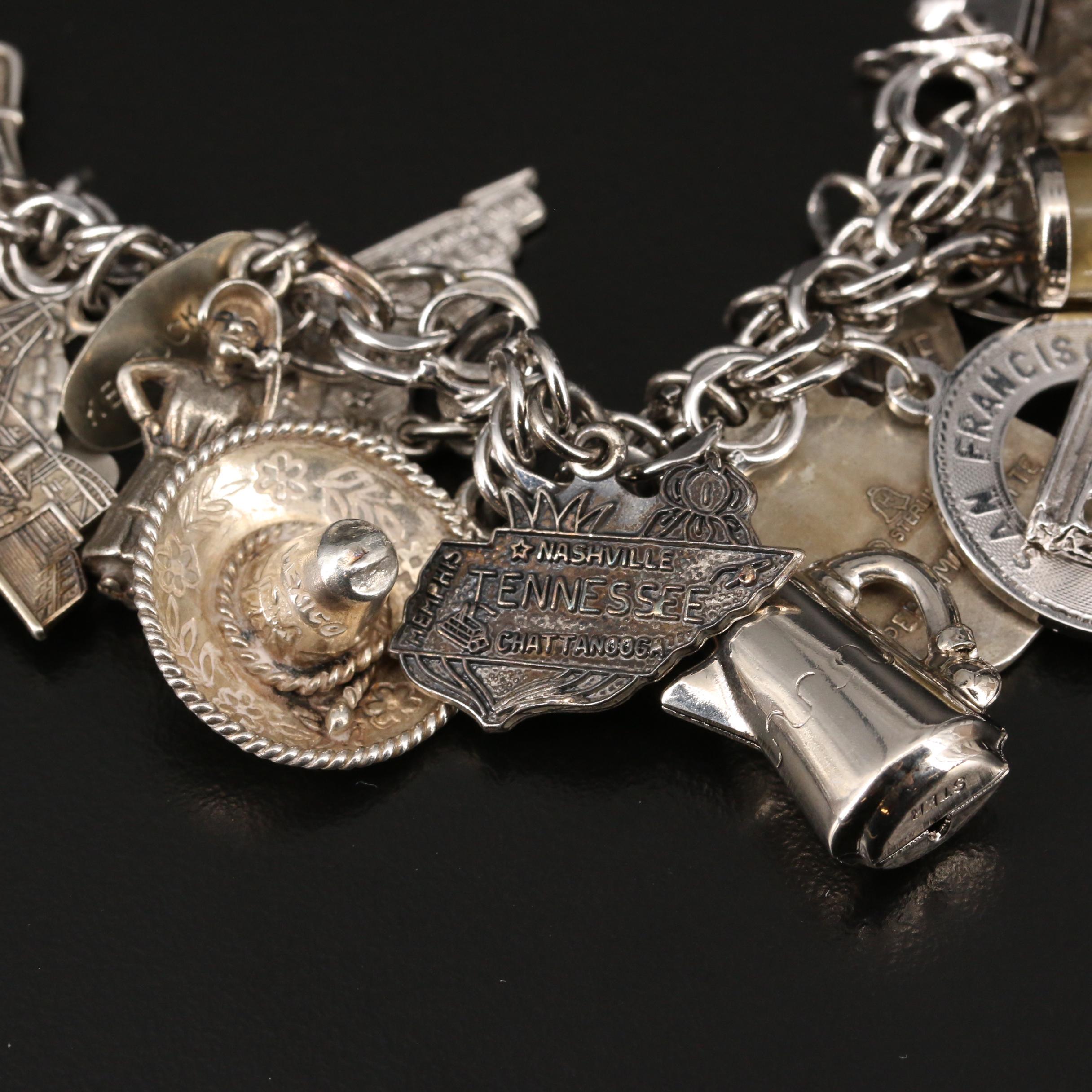 Vintage Sterling Silver United States Travel Themed Charm Bracelet