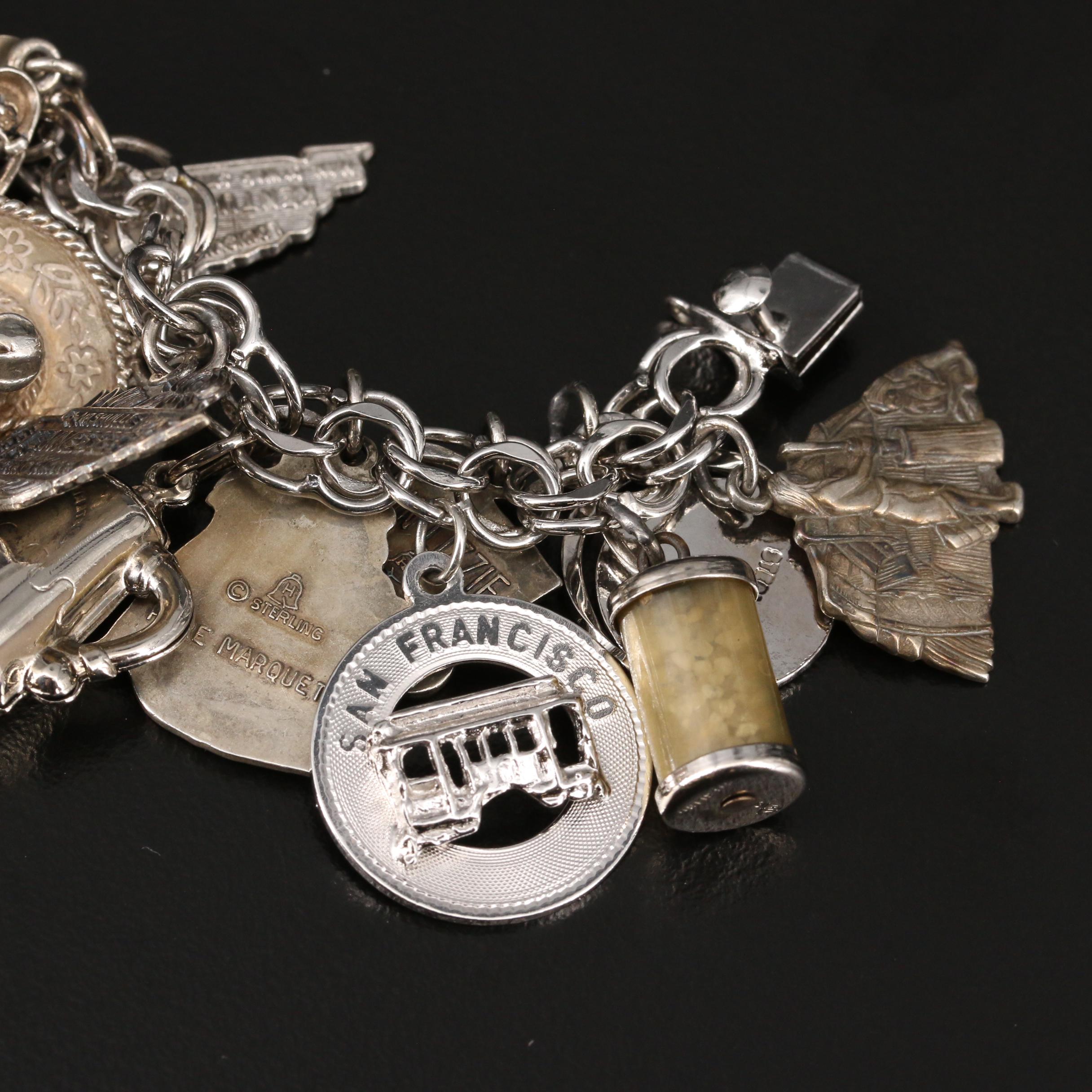 Vintage Sterling Silver United States Travel Themed Charm Bracelet