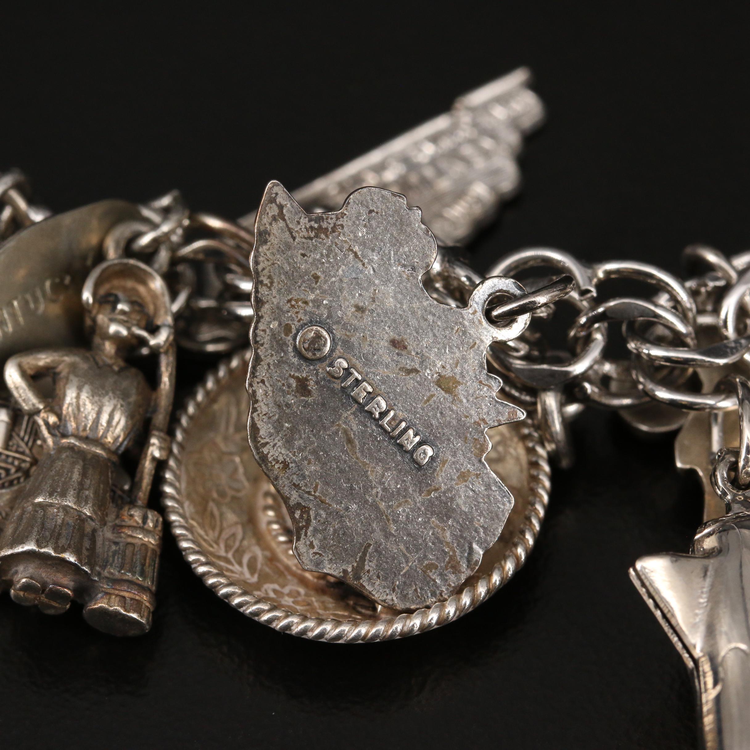 Vintage Sterling Silver United States Travel Themed Charm Bracelet