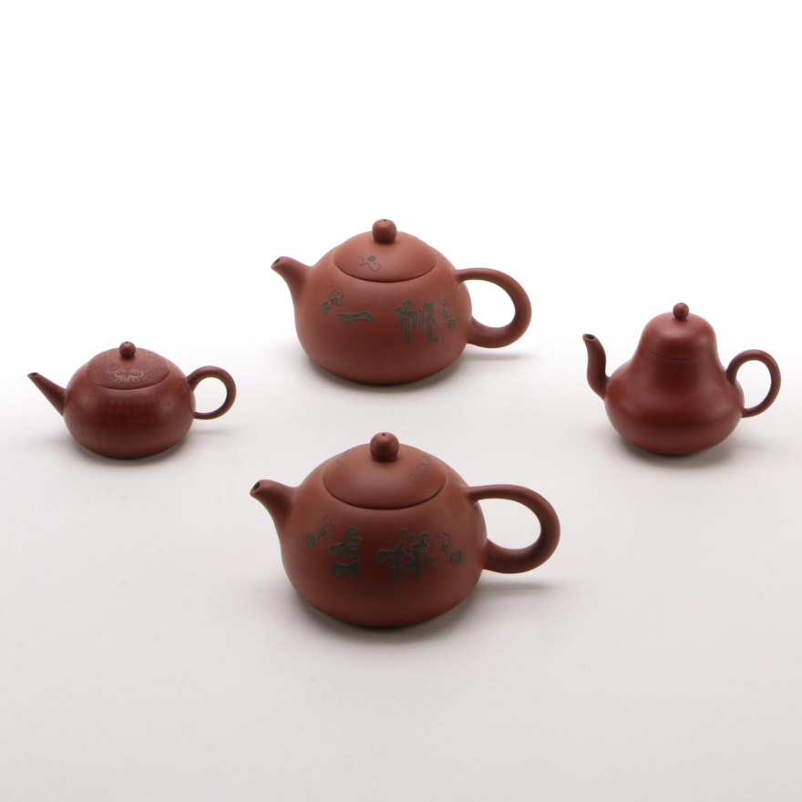 Chinese Red Clay Teapots with Braided Metal Wire Inlay and Others