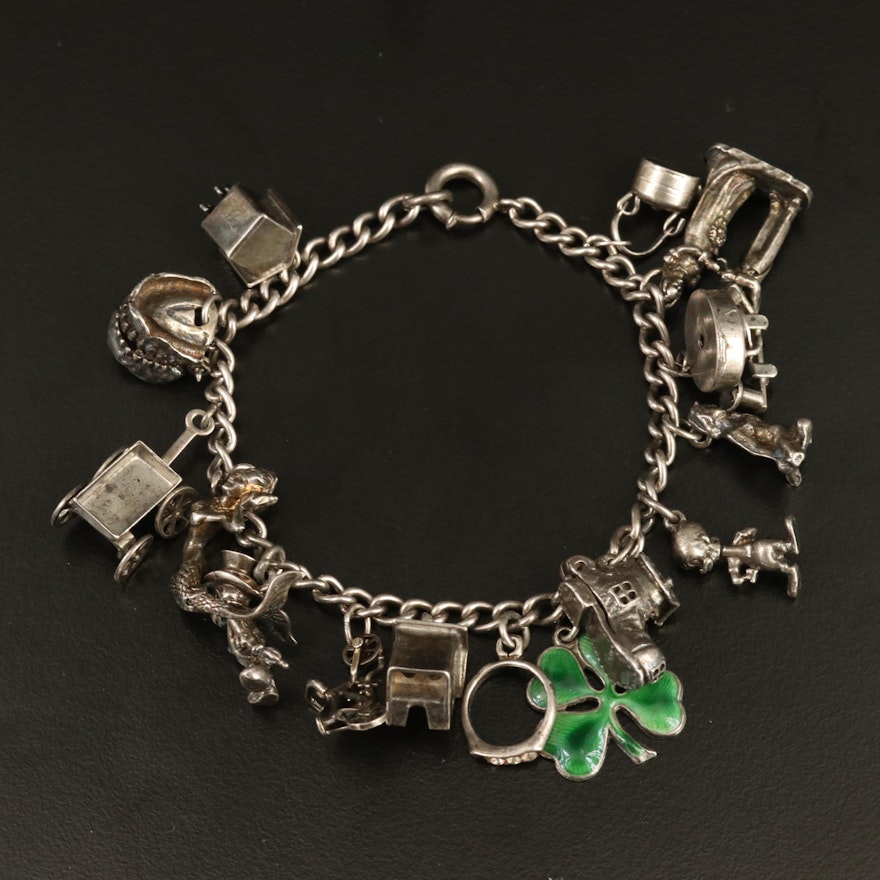 Vintage Sterling Charm Bracelet with Enamel and Rhinestone Accents