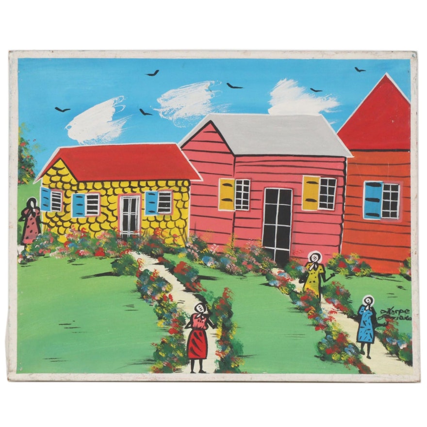 Naive Style Folk Art Gouache Painting of Houses and Figures