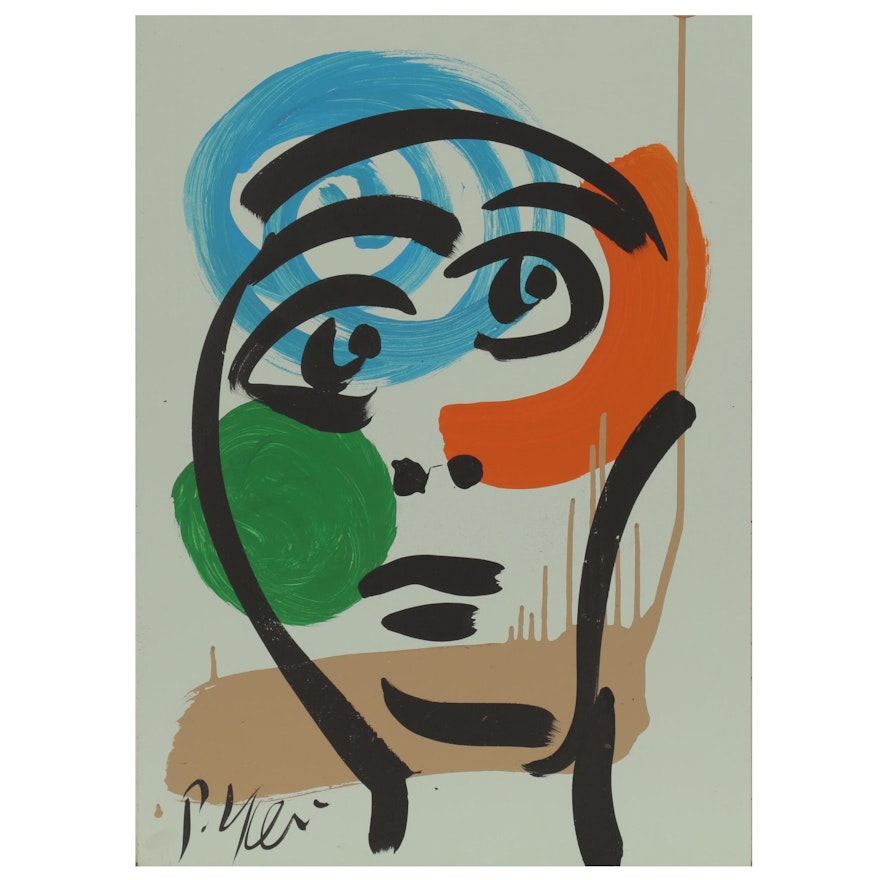 Peter Keil Abstract Portrait Acrylic Painting, Late 20th Century