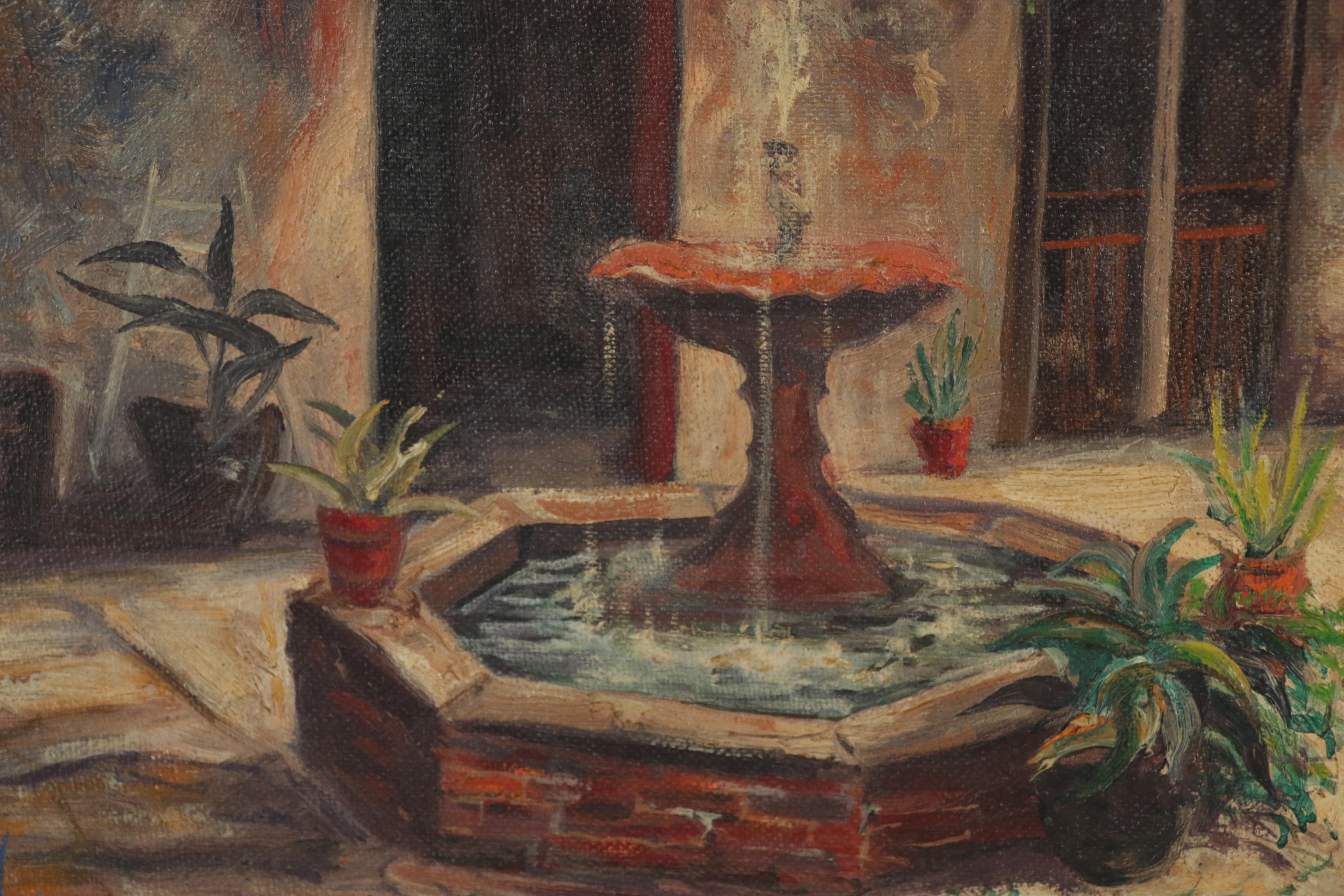 Ted Brawley Oil Painting of a Courtyard, Late 20th Century