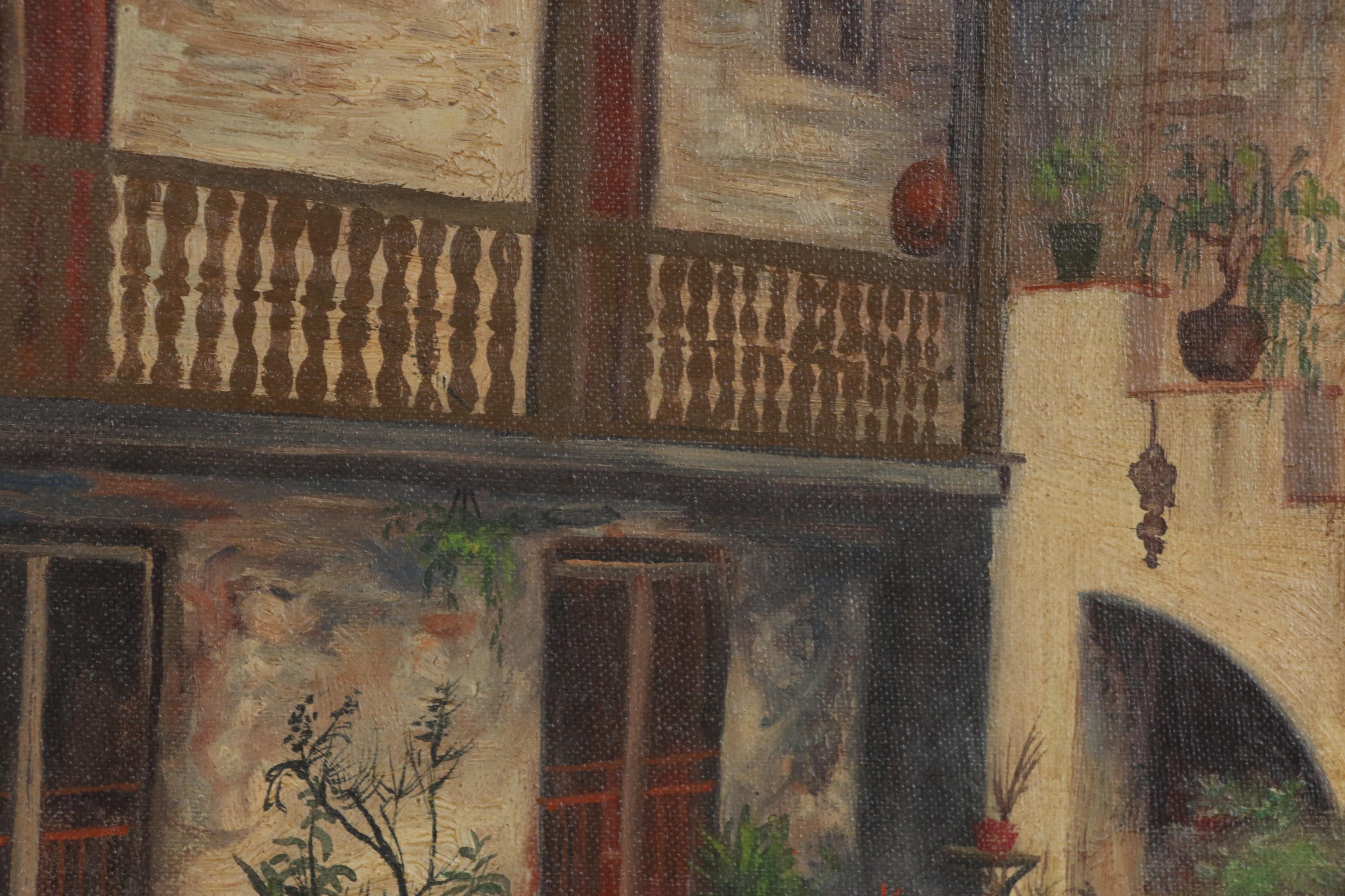Ted Brawley Oil Painting of a Courtyard, Late 20th Century