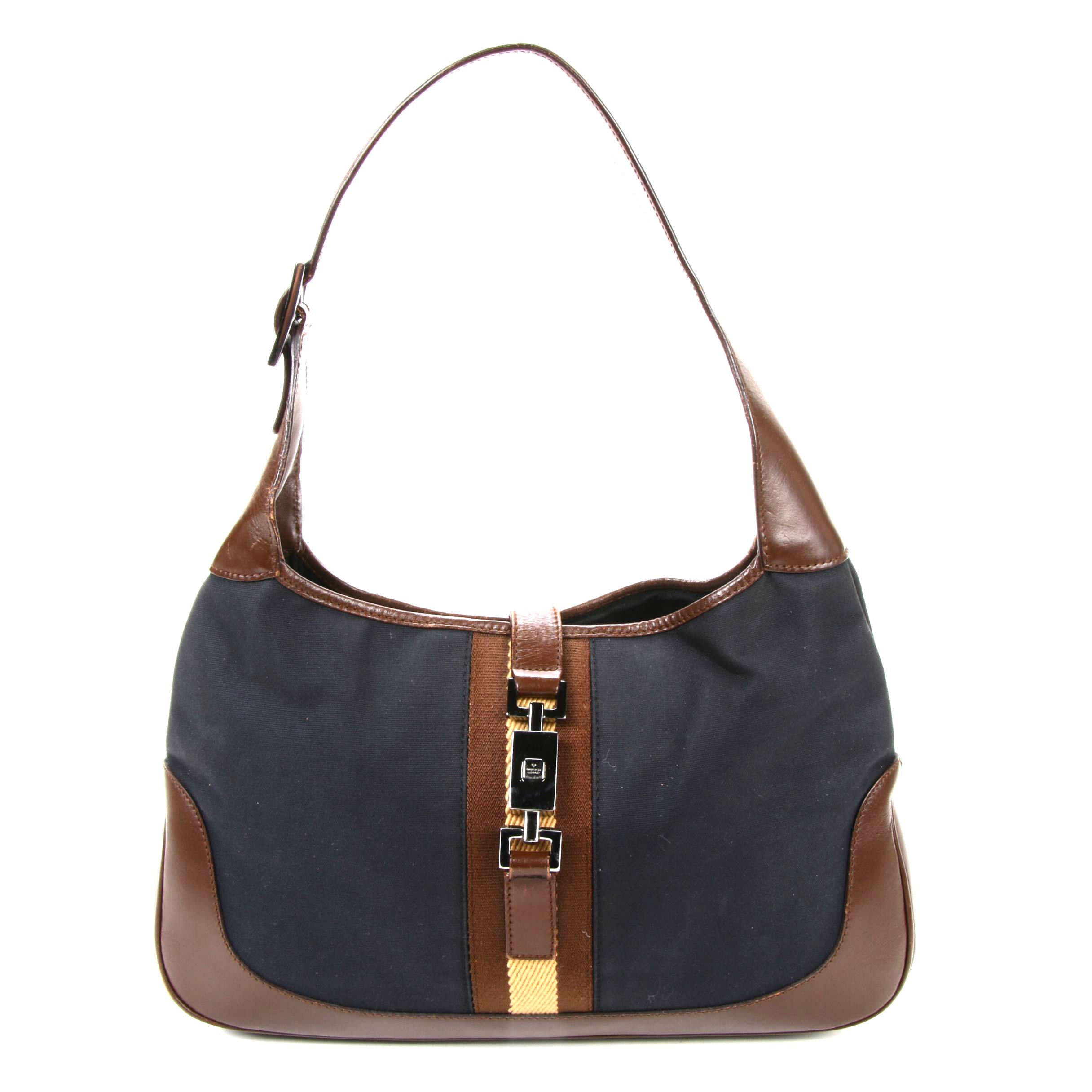 Gucci Jackie Bag in Navy Canvas and Brown Leather