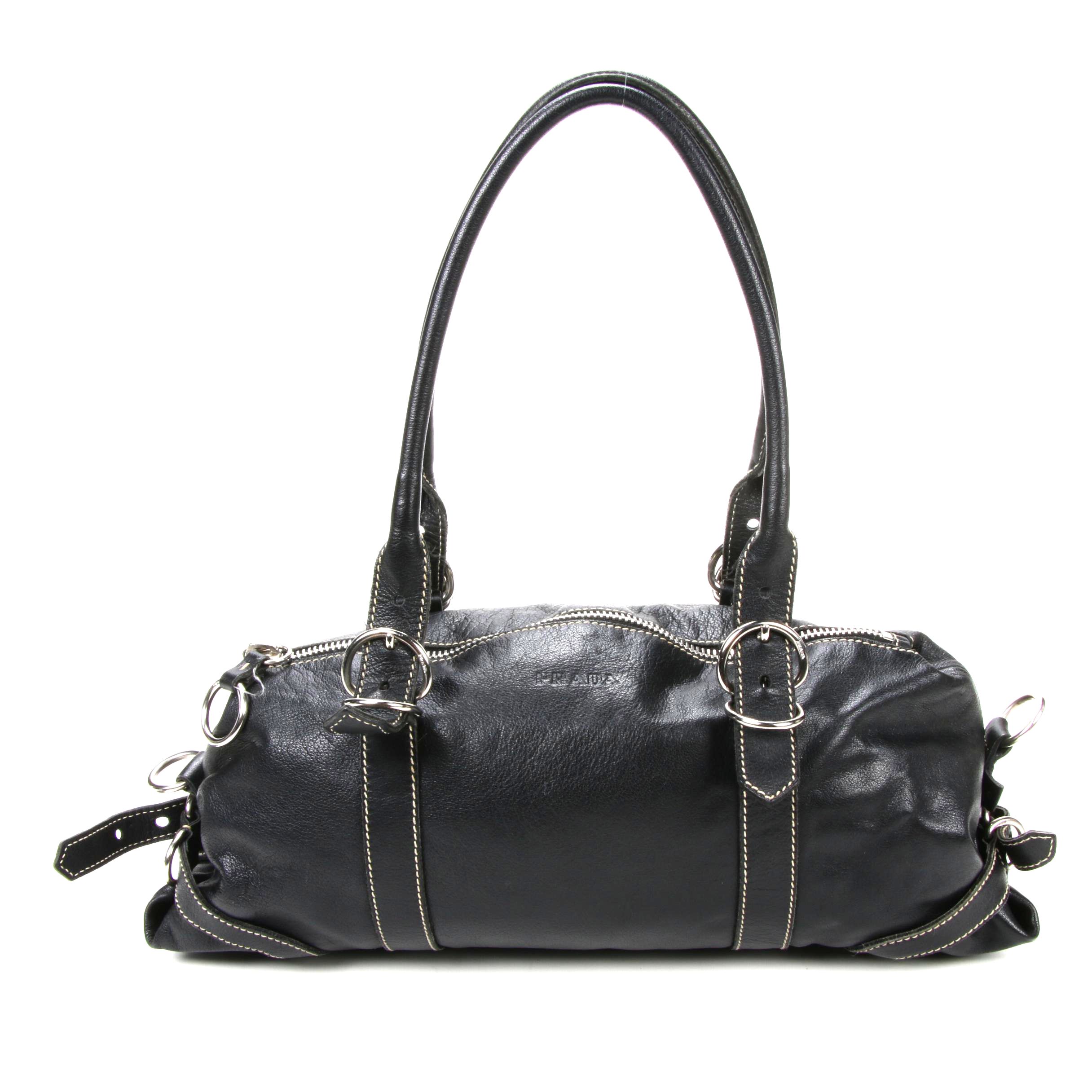Prada Shoulder Bag in Black Grained Leather with Contrast Stitching