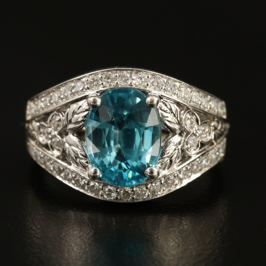 14K Zircon and Diamond Ring Featuring Foliate Shoulder Accents