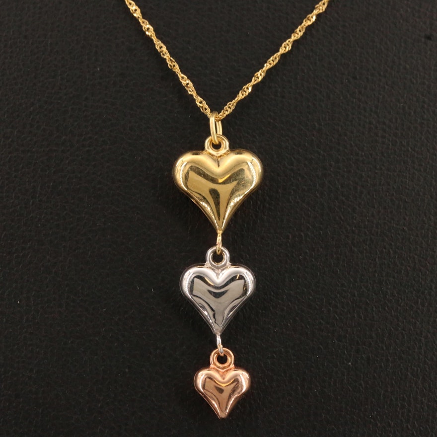 10K Tri-Color Gold Drop Heart Necklace
