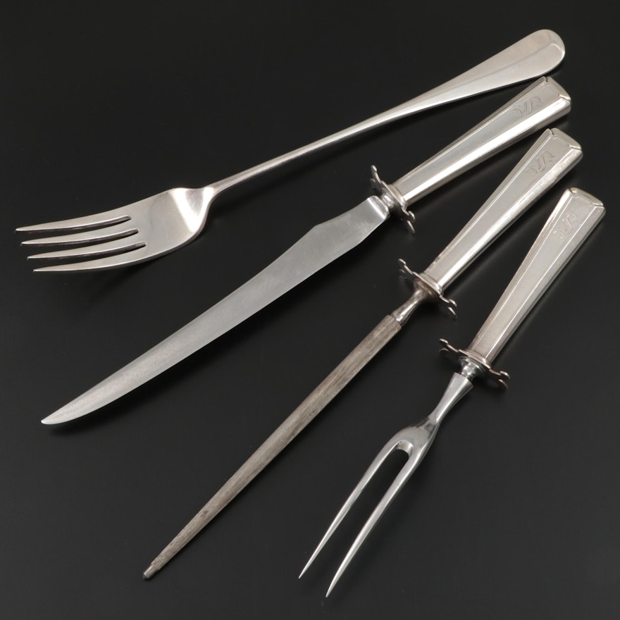 Sterling Silver Carving Set and Sharpening Steel with Silver Plate Serving Fork