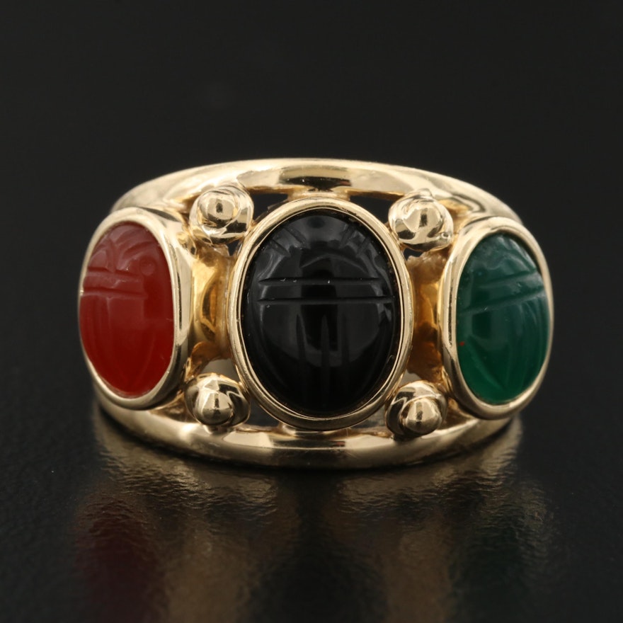 14K Black Onyx, Carnelian and Chalcedony Carved Scarab Ring