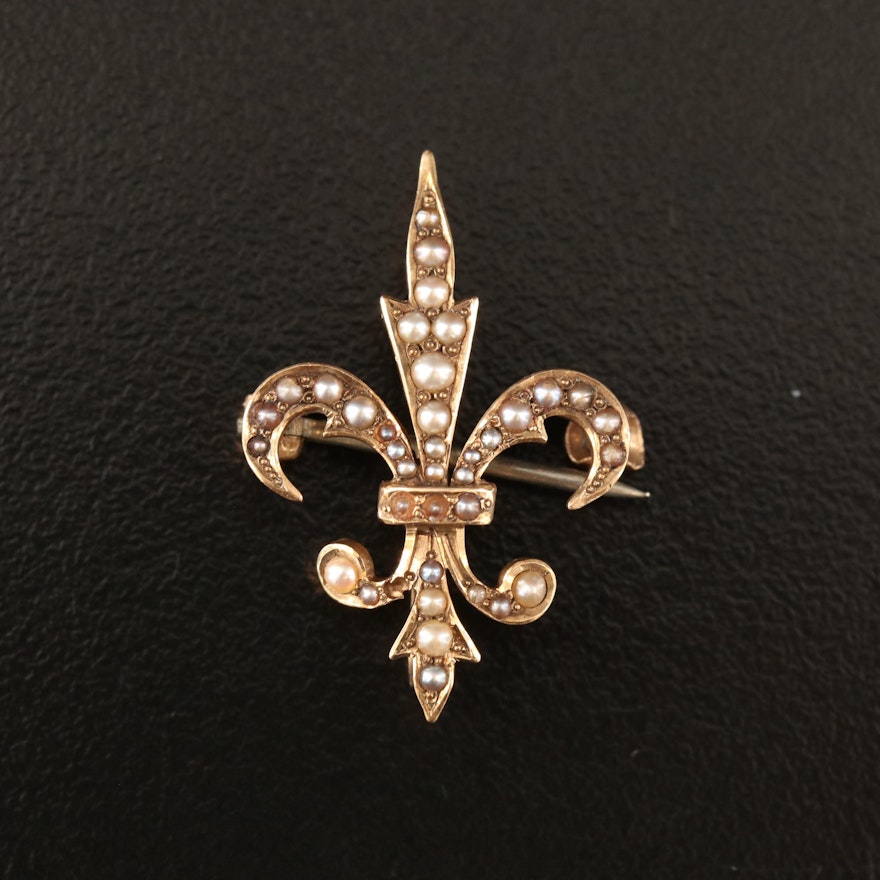 Victorian 14K Seed Pearl Fleuv-de-lis Brooch with Watch Hook