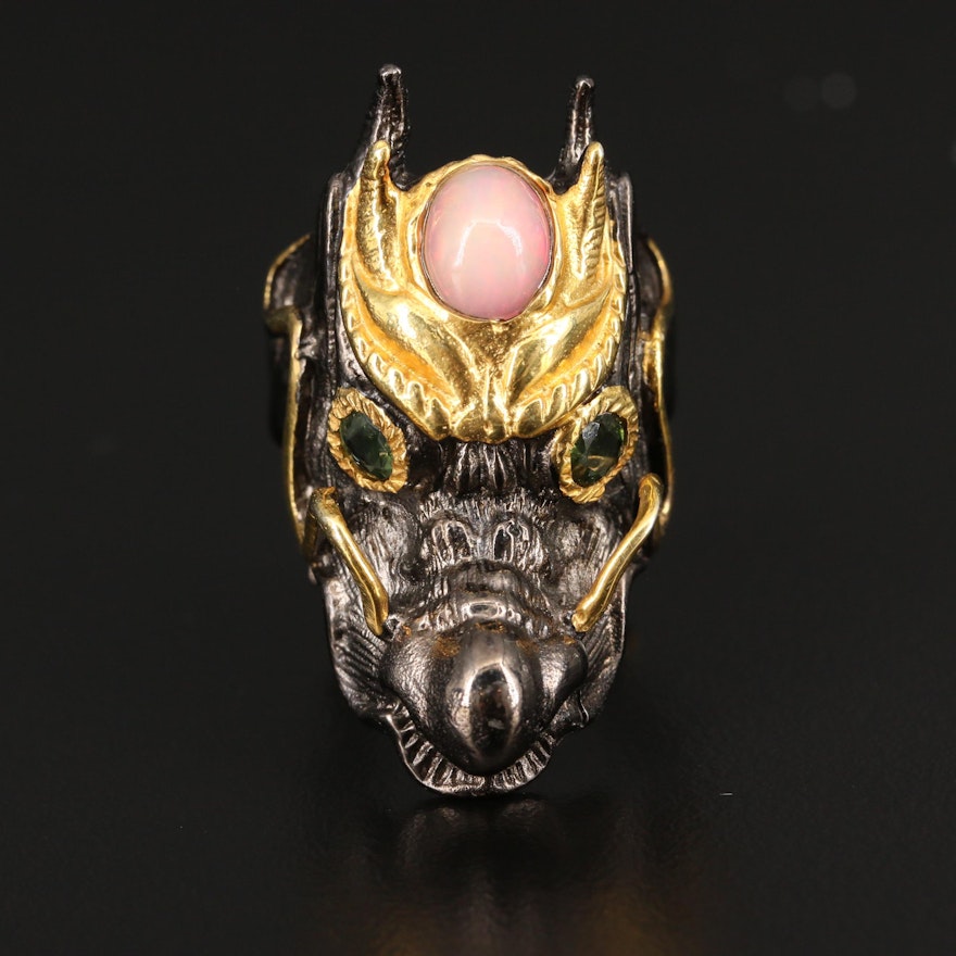 Sterling Dragon Head Ring with Opal and Tourmaline Accents