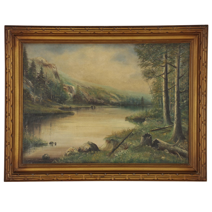 River Valley Landscape Oil Painting, Early 20th Century