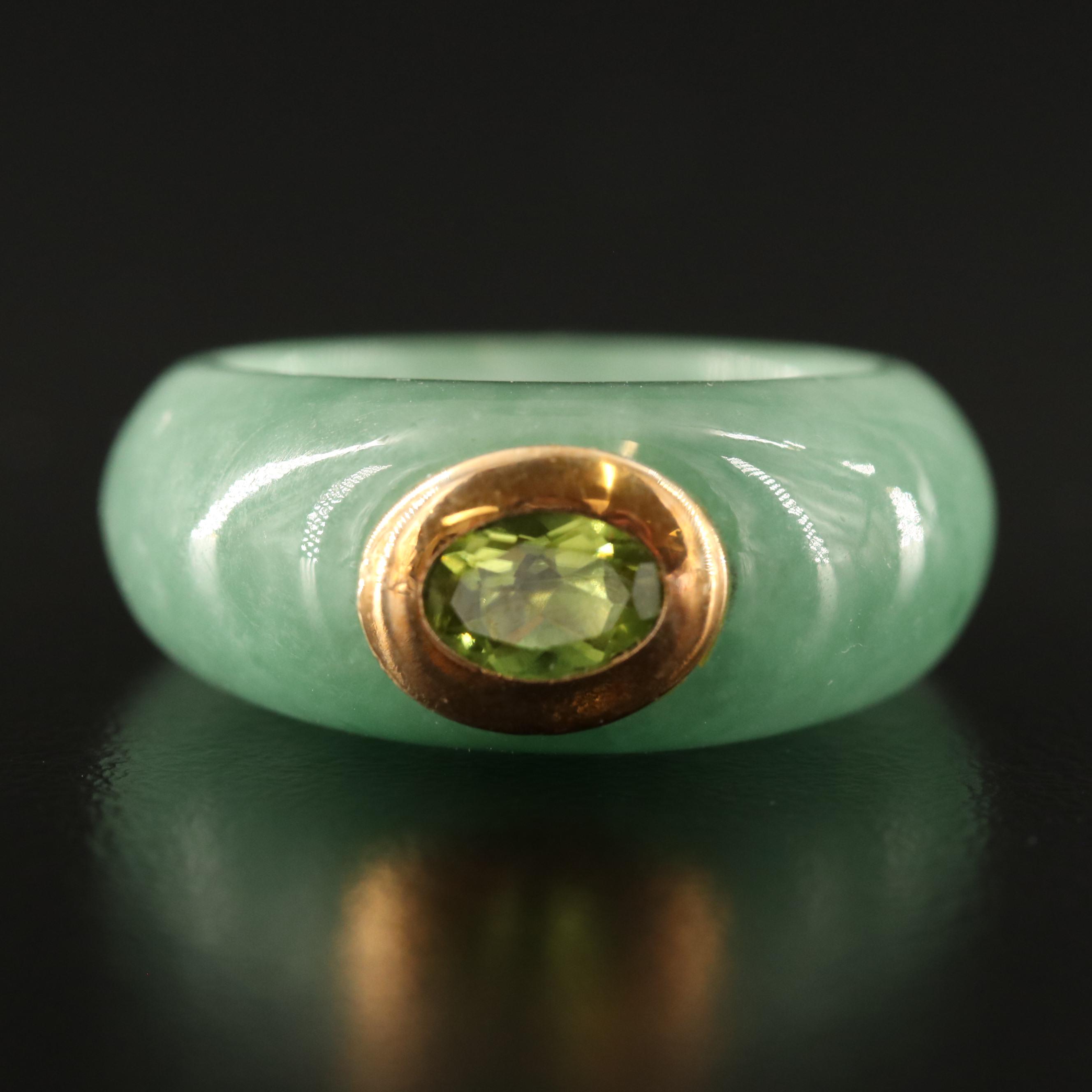 Jadeite and Peridot Hololith Ring with 14K Accent