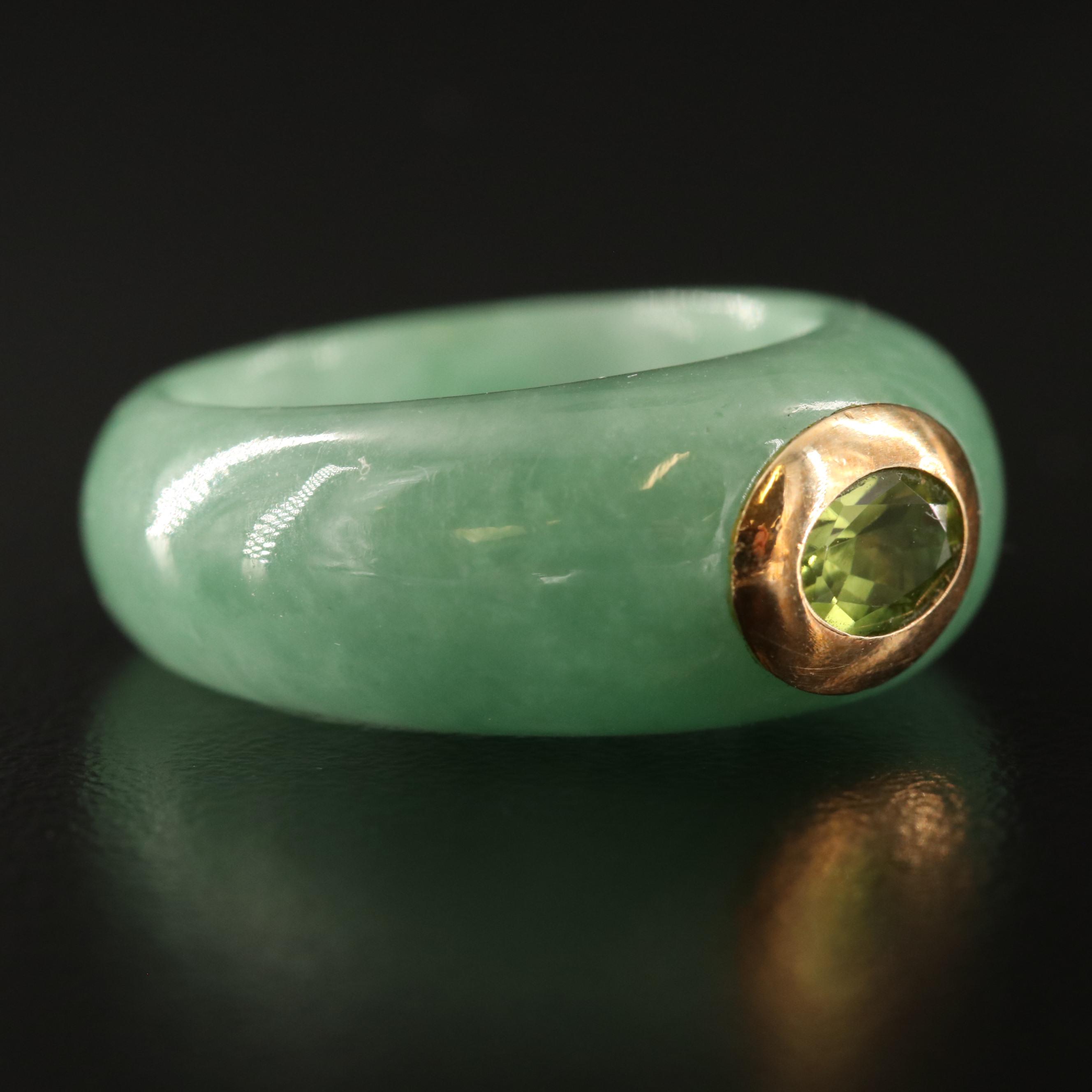 Jadeite and Peridot Hololith Ring with 14K Accent