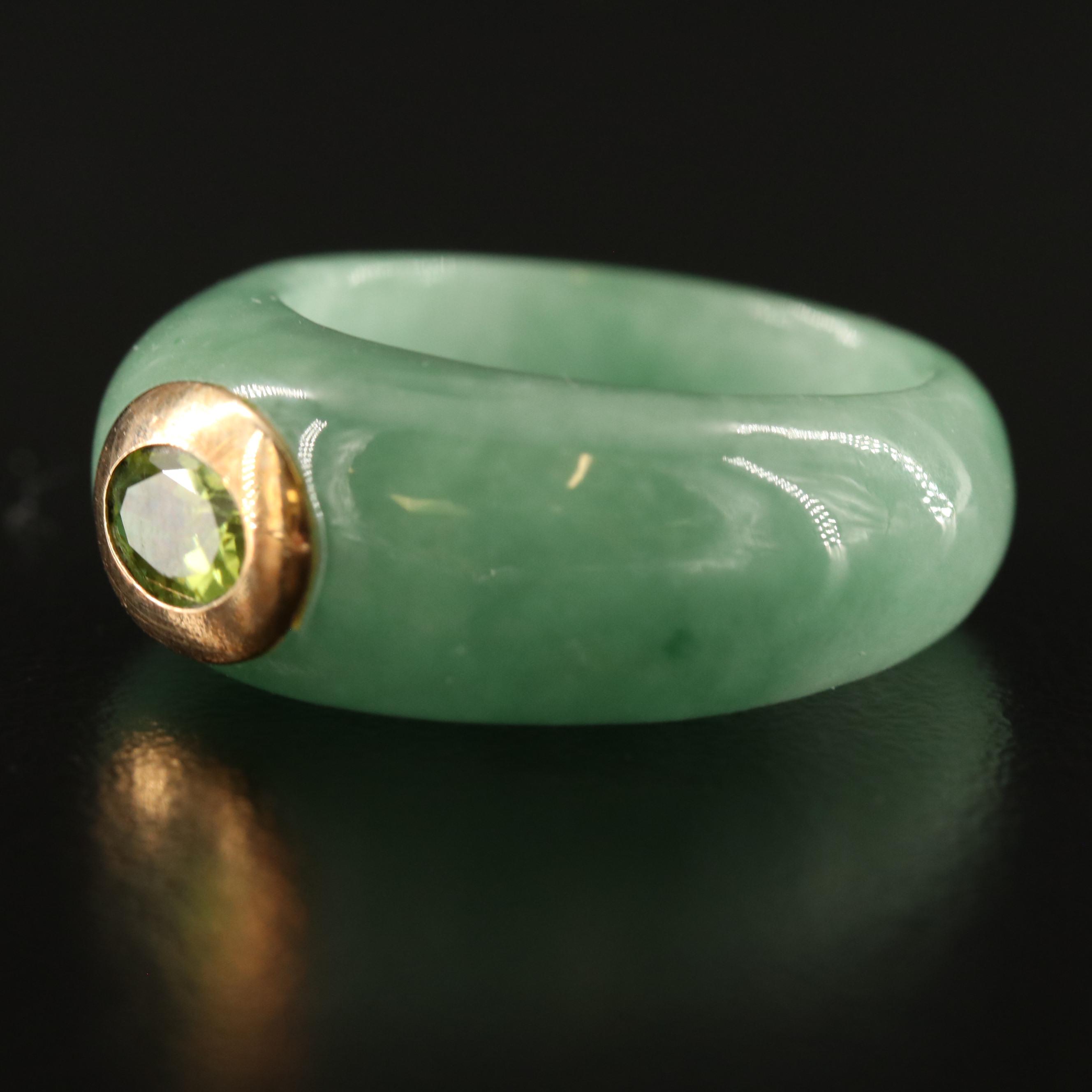 Jadeite and Peridot Hololith Ring with 14K Accent
