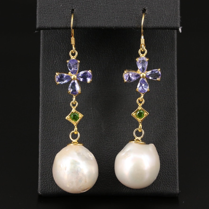 Sterling Silver Pearl, Tanzanite and Diopside Floral Dangle Earrings