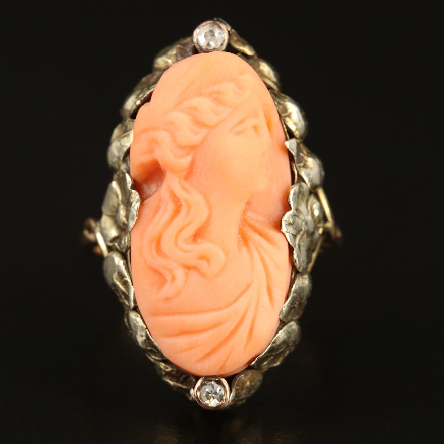 Art Nouveau 14K Carved Cameo Coral, Diamond and Sapphire Ring