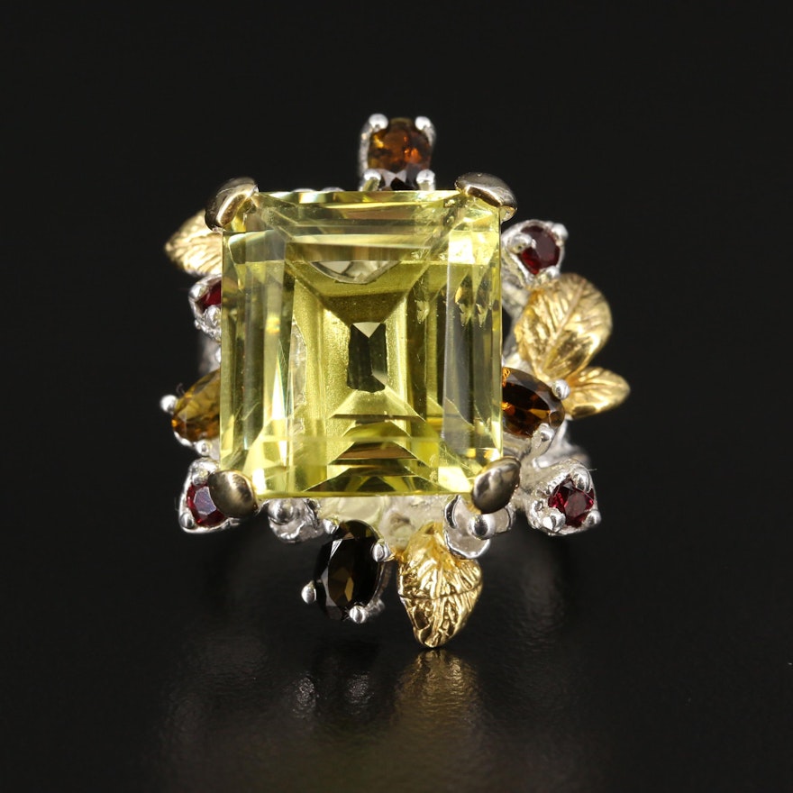 Sterling Foliate Citrine Ring with Garnet and Tourmaline