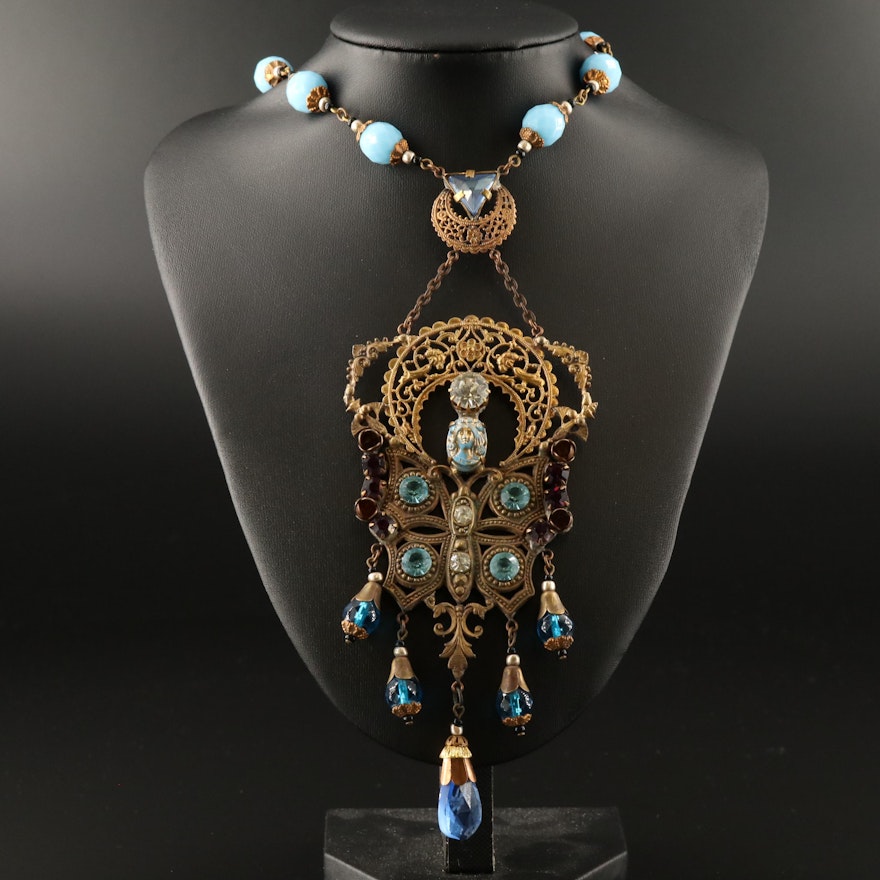 Art Nouveau Pendant Necklace Featuring Faceted Glass Accents
