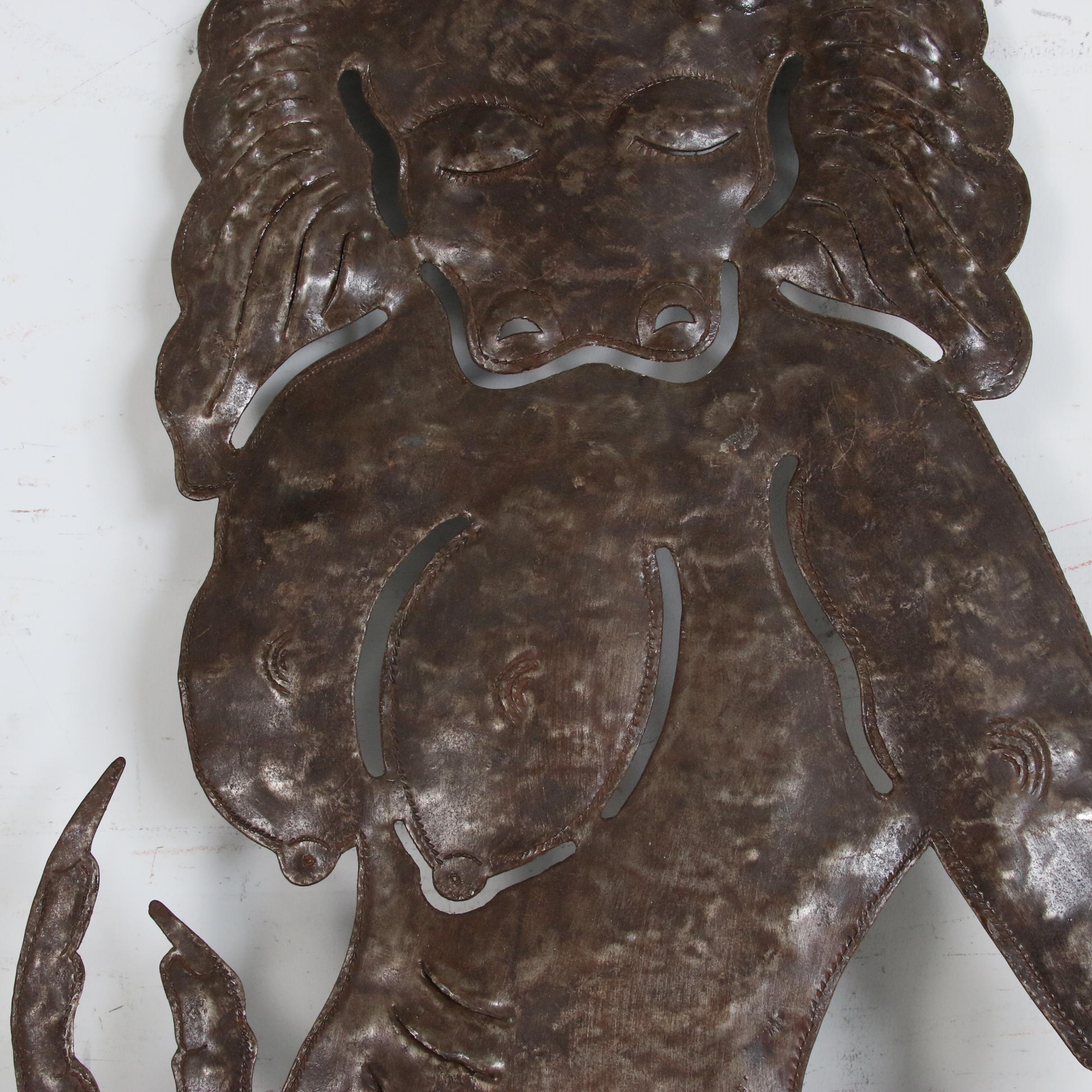 Serge Jolimeau Haitian Metal Relief Sculpture of Mermaid with Cow Head