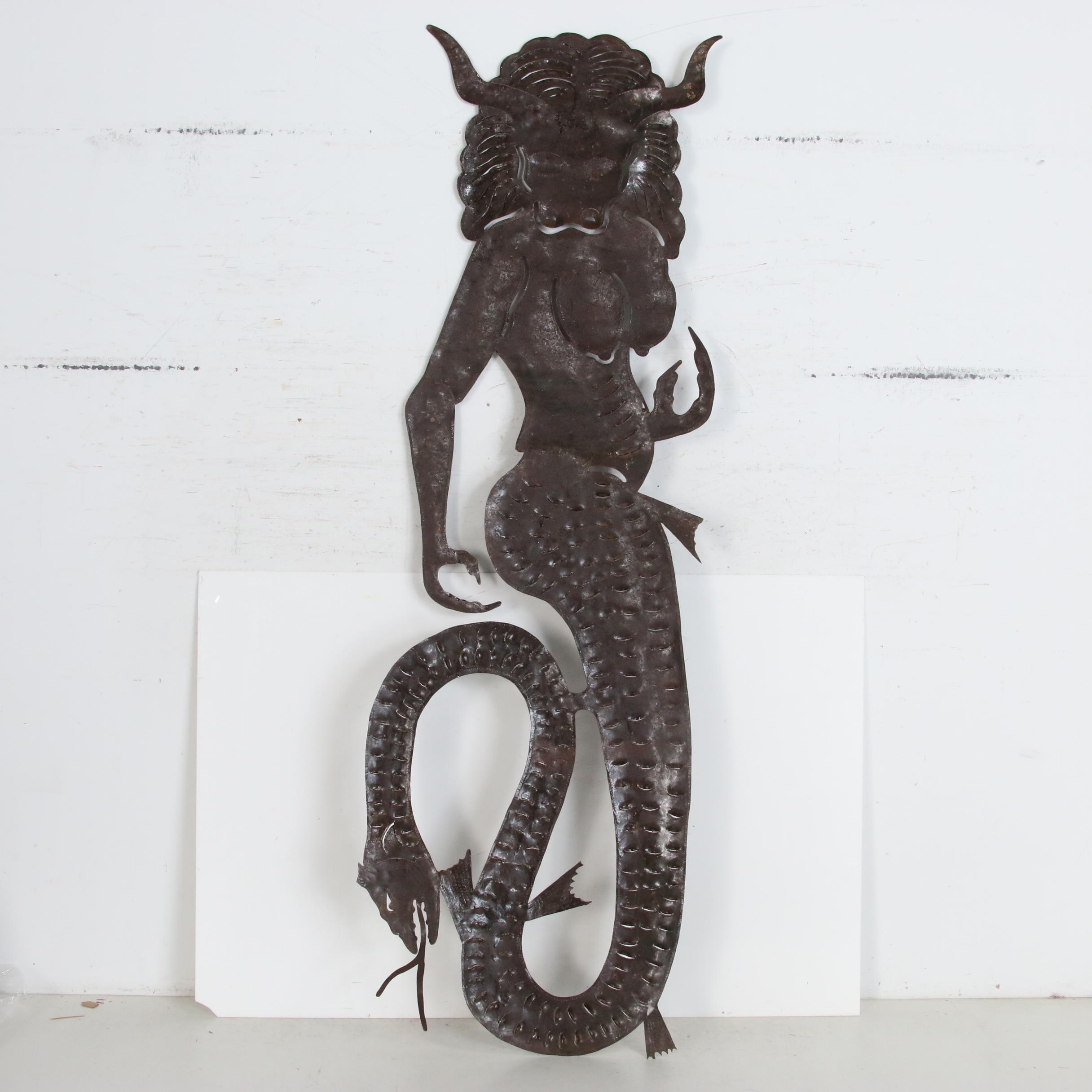 Serge Jolimeau Haitian Metal Relief Sculpture of Mermaid with Cow Head