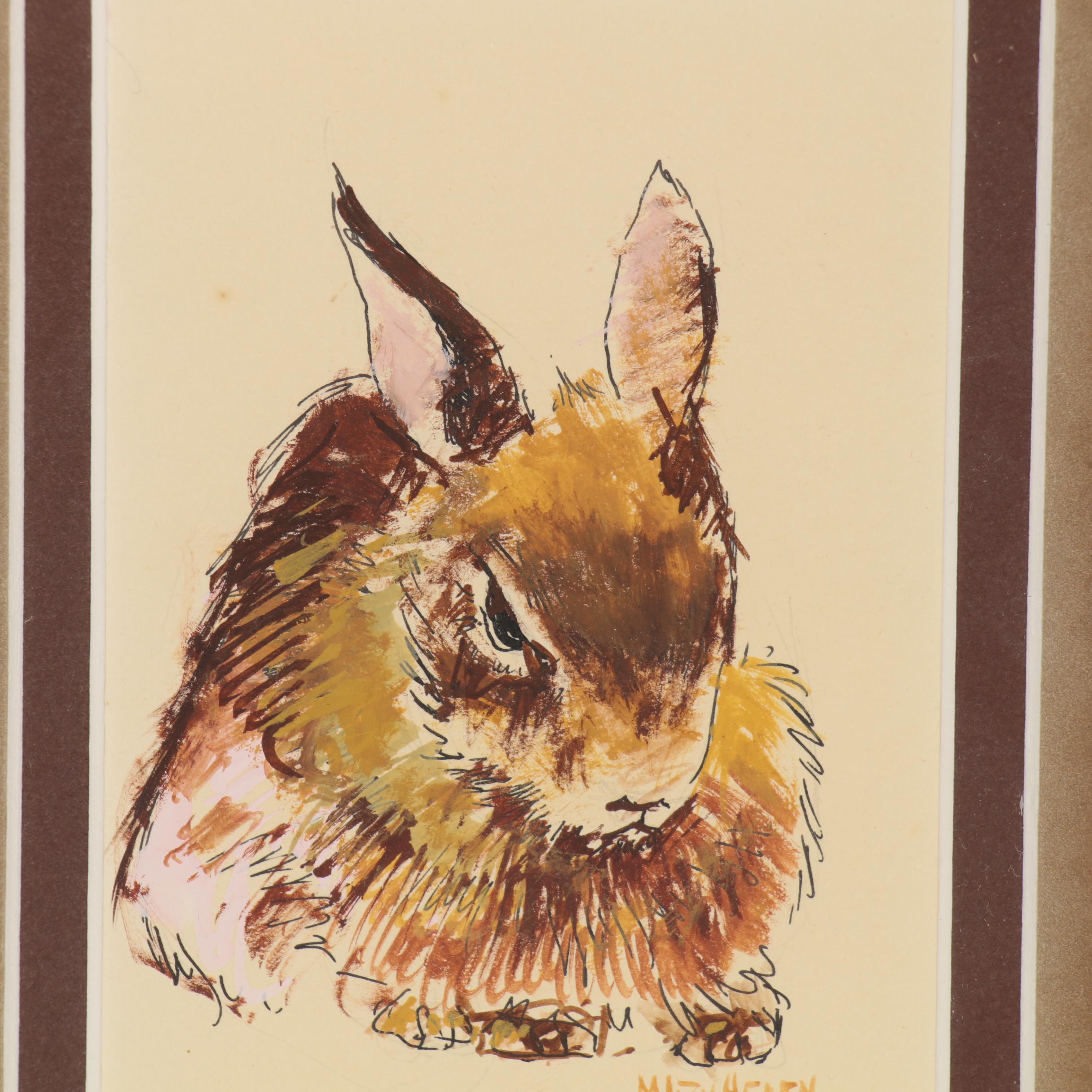 Mary Helen Wallace Ink and Gouache Painting of Rabbit