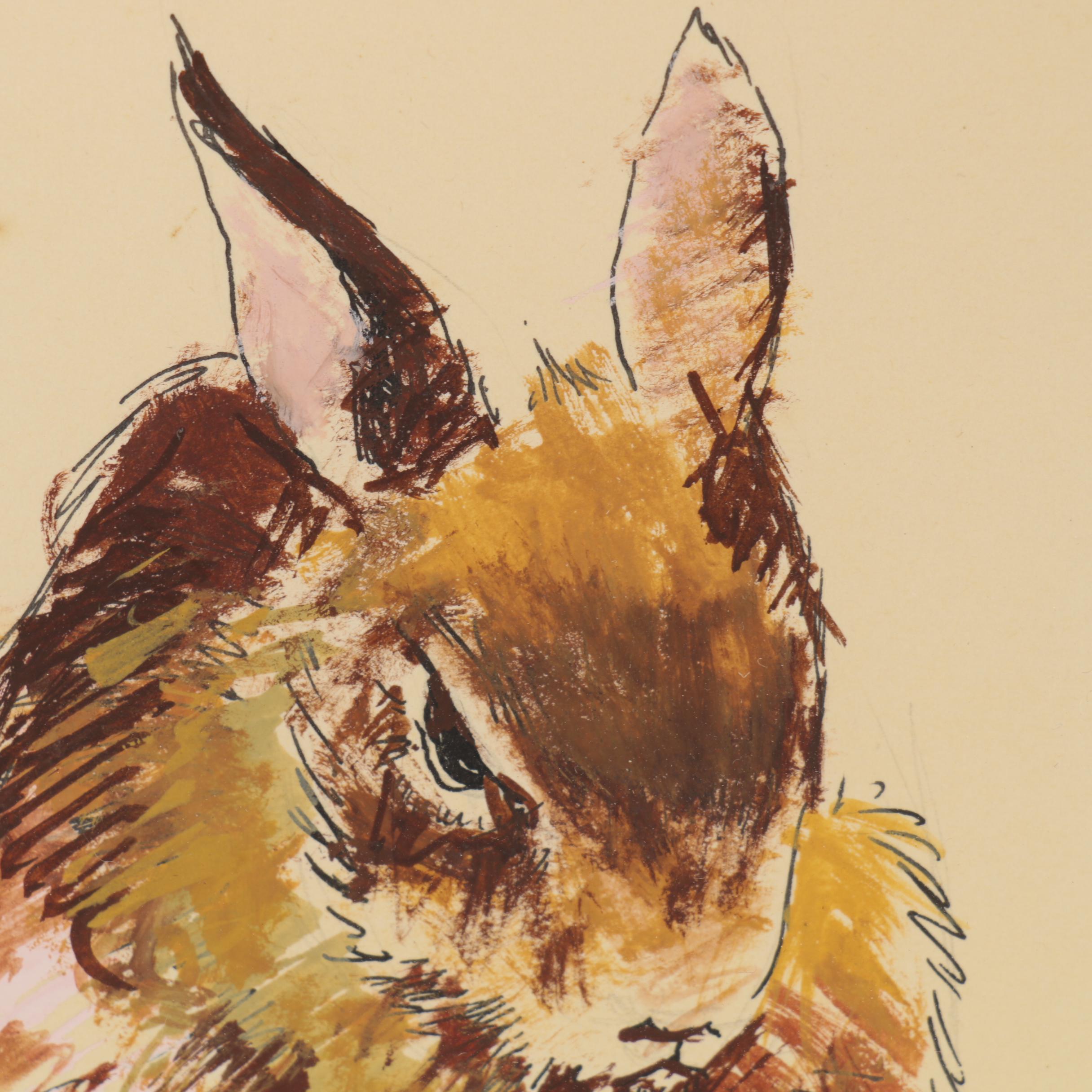 Mary Helen Wallace Ink and Gouache Painting of Rabbit