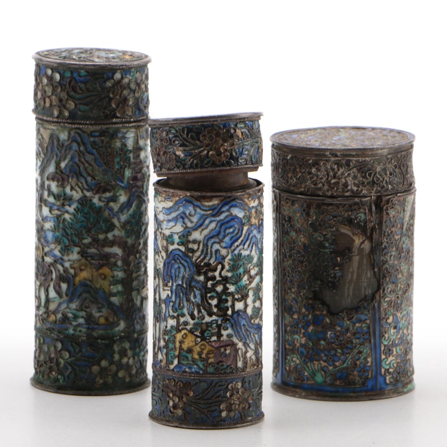 Chinese Enamel Overlay Horn Opium Boxes