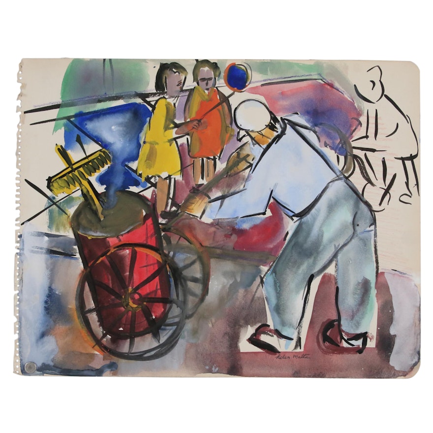 Helen Malta Abstract Watercolor Painting with Figures, circa 1940