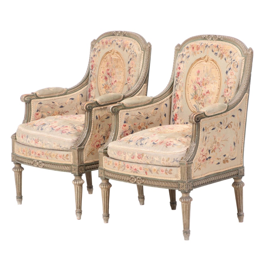 Pair of Louis XVI Style Green-Painted and Needlepoint-Upholstered Bergères