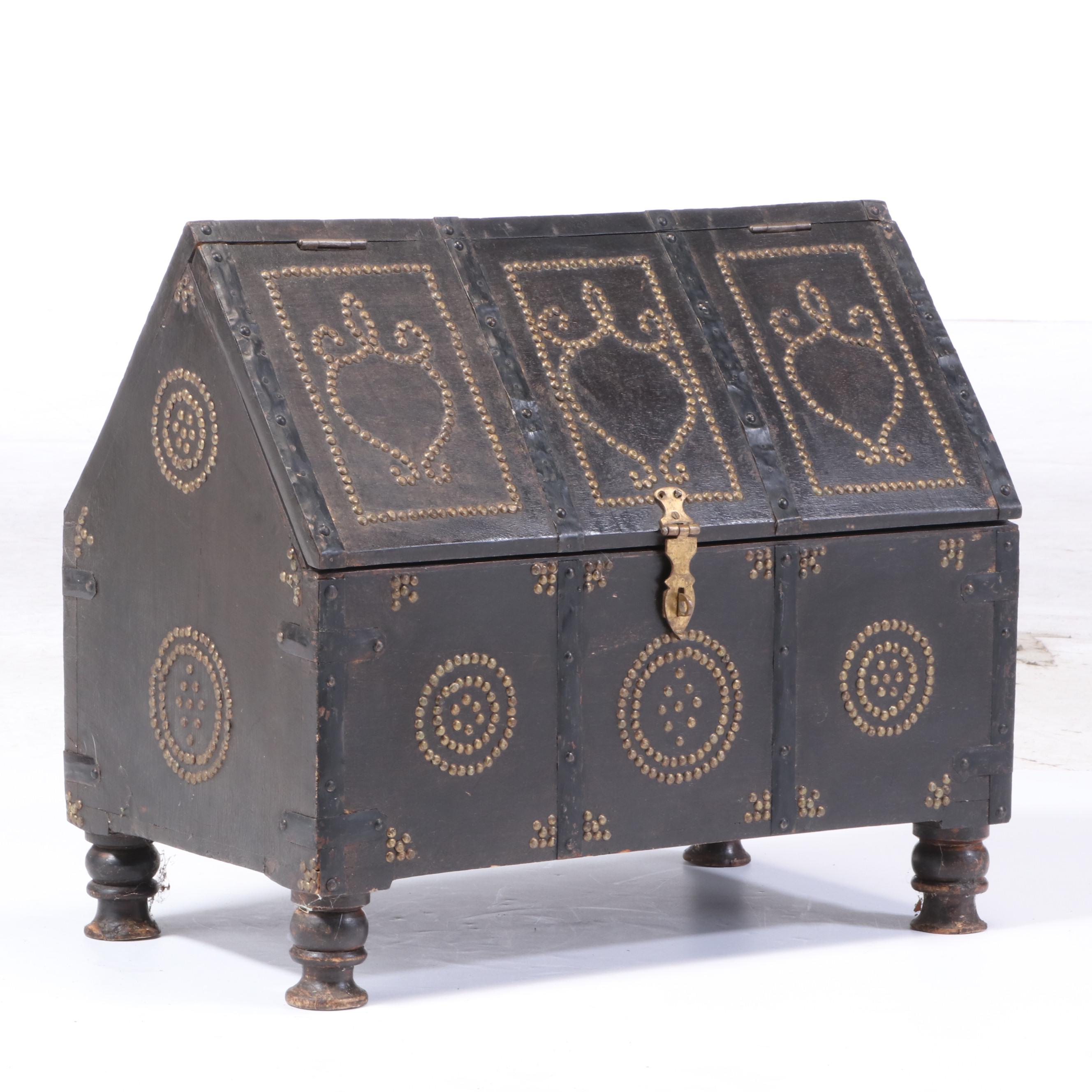 English Gothic Style Wooden Chasse Form Chest with Nailhead Decoration