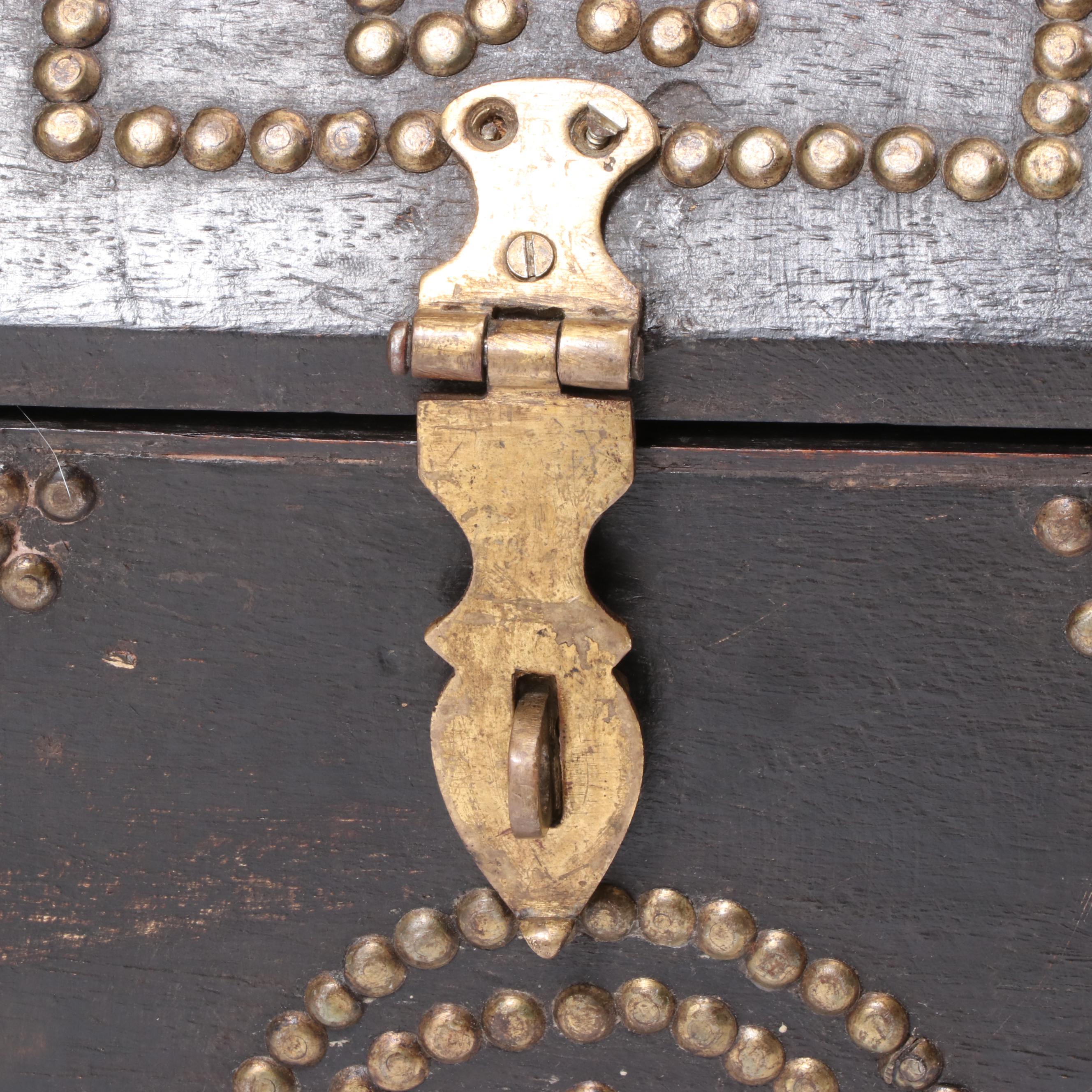 English Gothic Style Wooden Chasse Form Chest with Nailhead Decoration