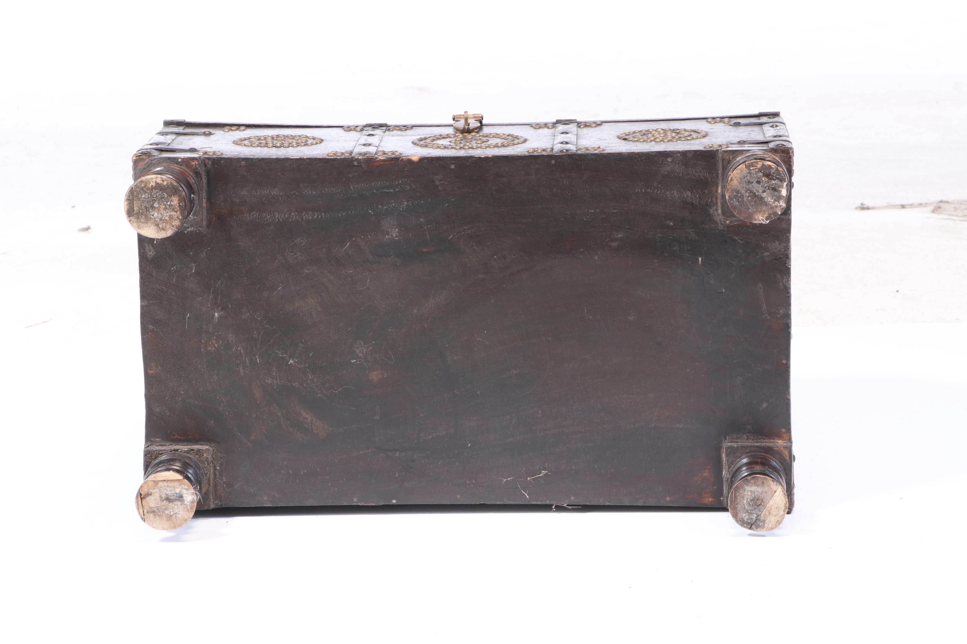 English Gothic Style Wooden Chasse Form Chest with Nailhead Decoration