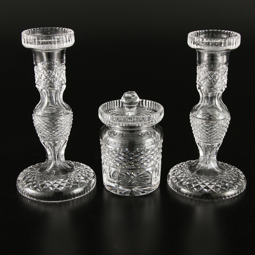 Pair of Waterford Crystal "Giftware" Candlesticks with Honey Pot, Late 20th C.