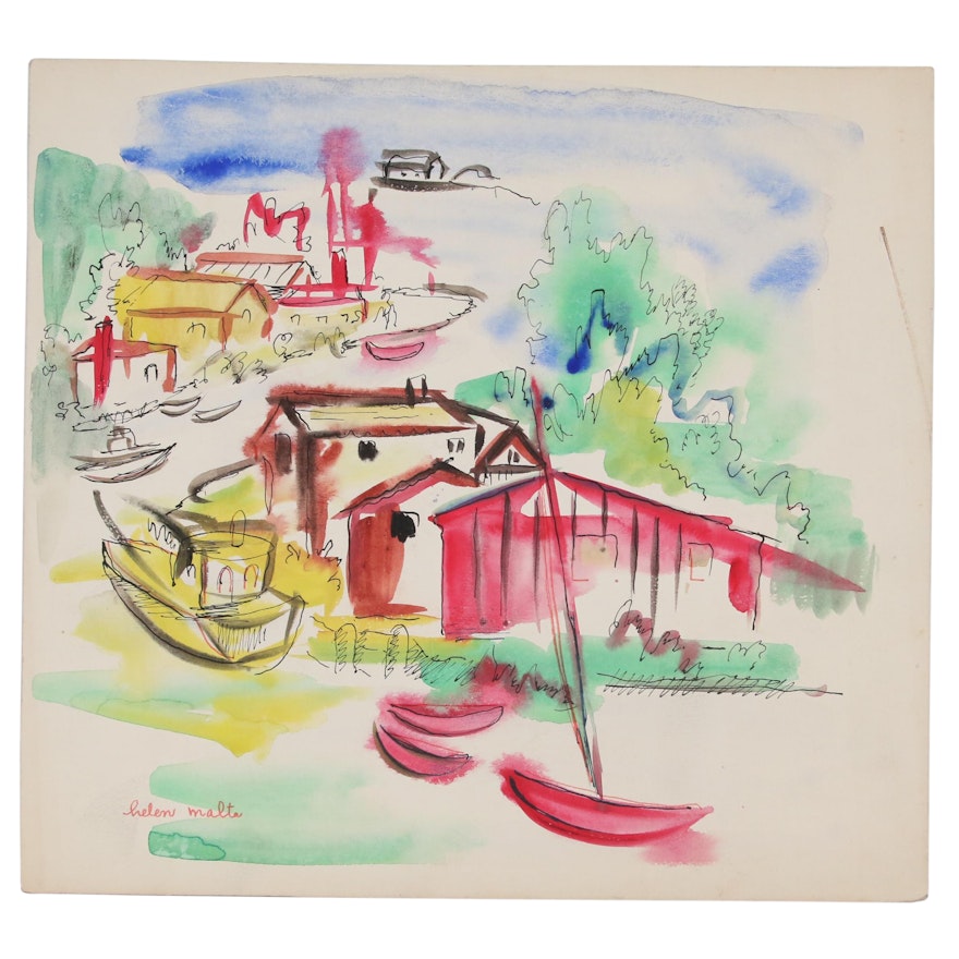 Helen Malta Nautical Watercolor Scene, Mid 20th Century