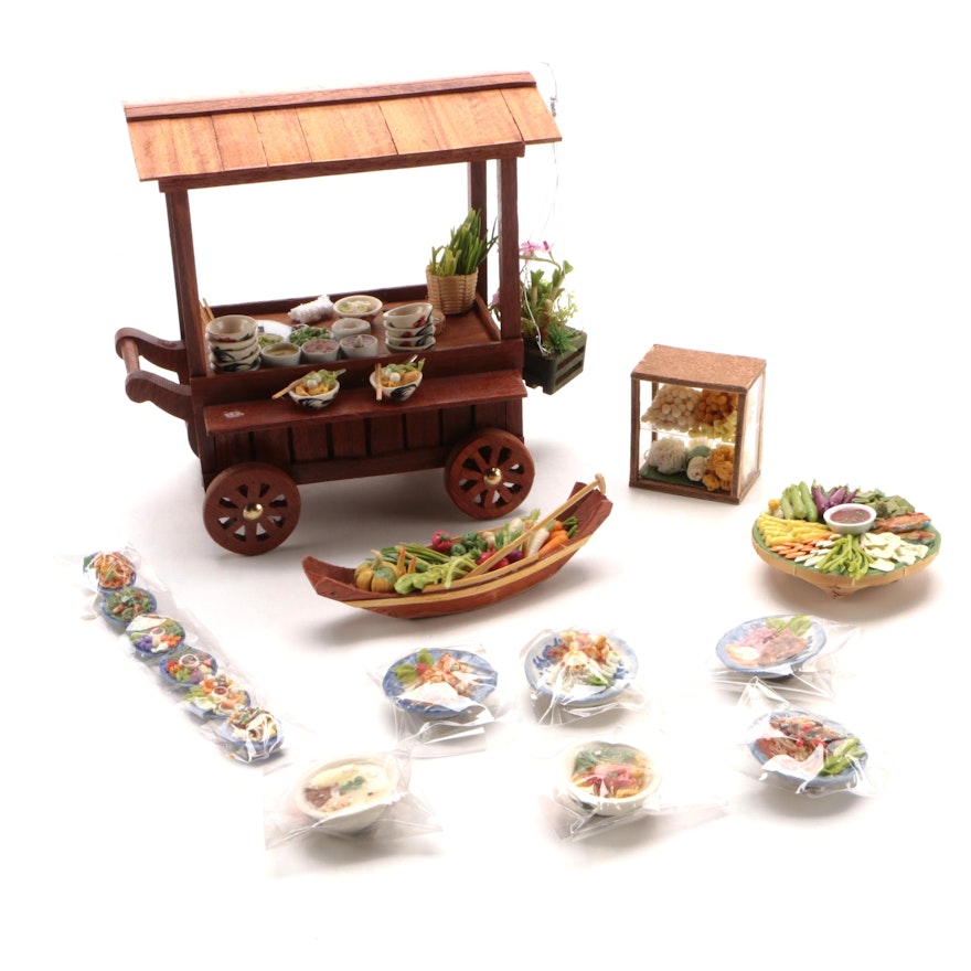 Miniature Wooden Asian Food Cart with Miniature Dishes and More