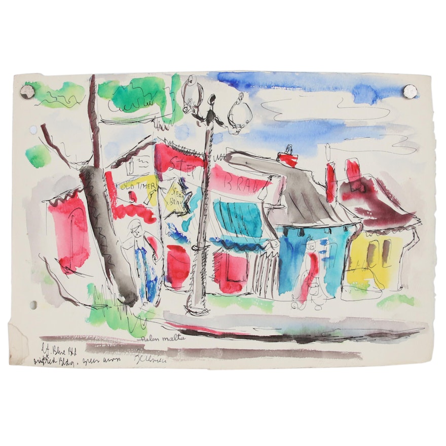 Helen Malta Abstract Watercolor Painting of Street Scene