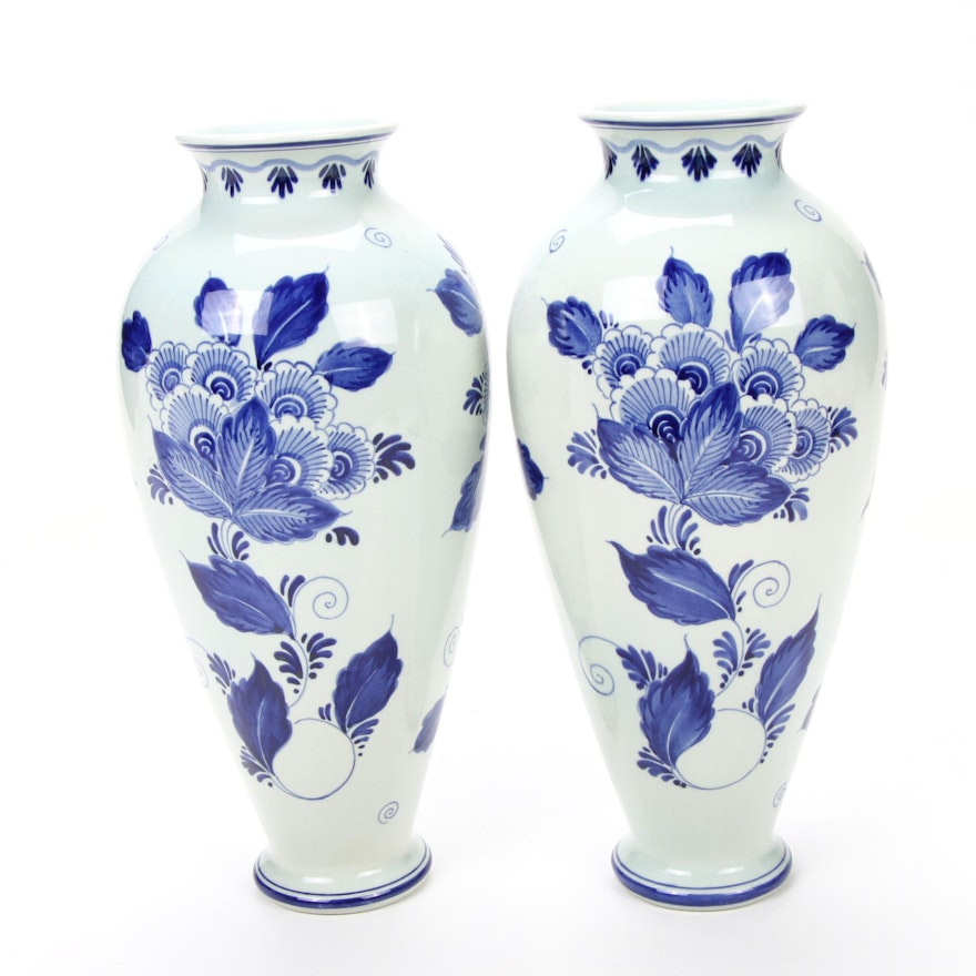 Pair of Dutch Hand-Painted Floral Motif Delft Vases, Mid to Late 20th Century