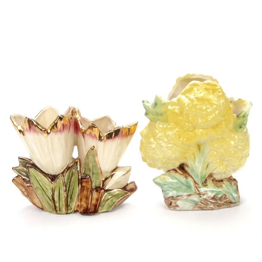 McCoy Low Double Tulip and Yellow Chrysanthemum  Art Pottery Vases, 1950s