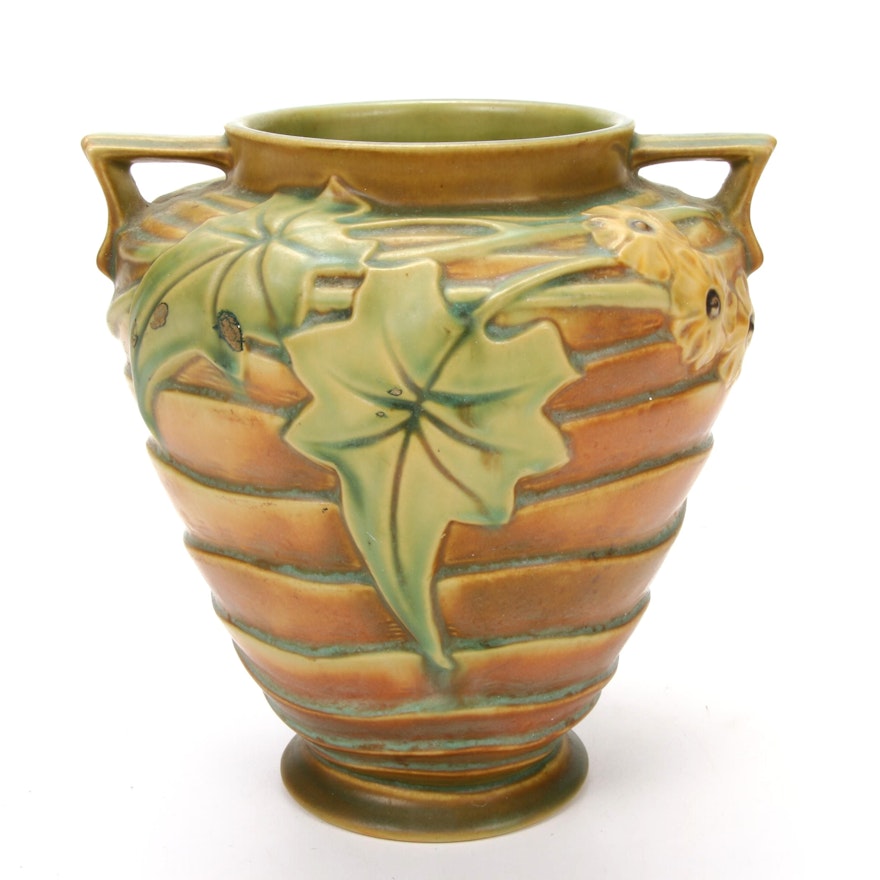 Roseville "Luffa" Art Pottery Vase with Button Camellias, 1930-1937