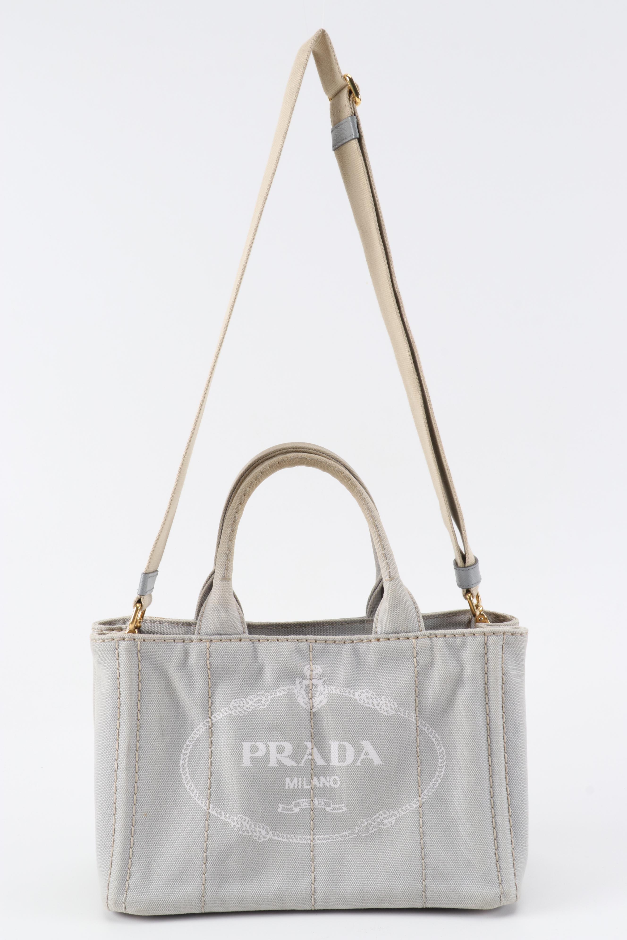 Prada Logo Print Two-Way Tote in Nube Grey Canapa Canvas
