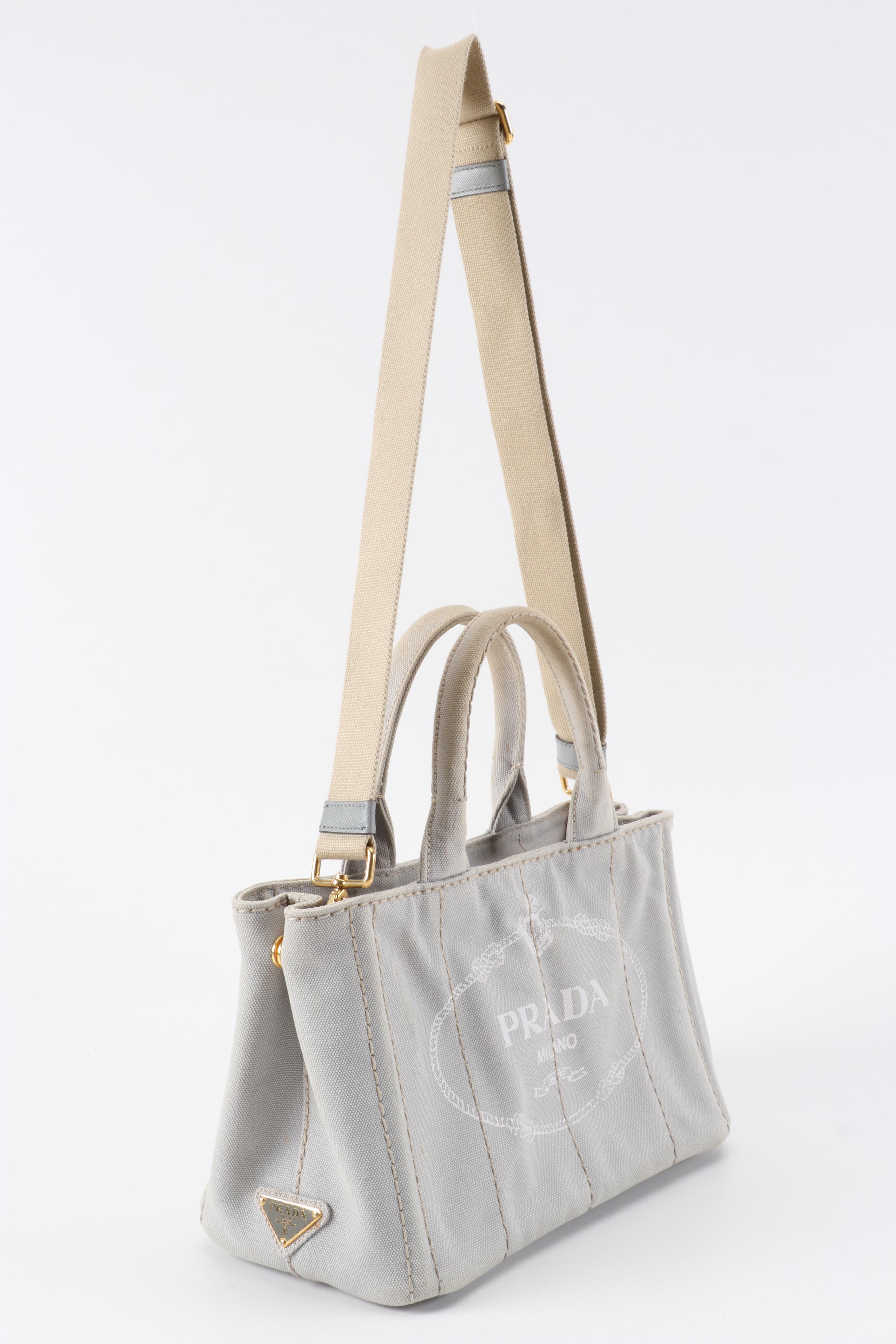Prada Logo Print Two-Way Tote in Nube Grey Canapa Canvas