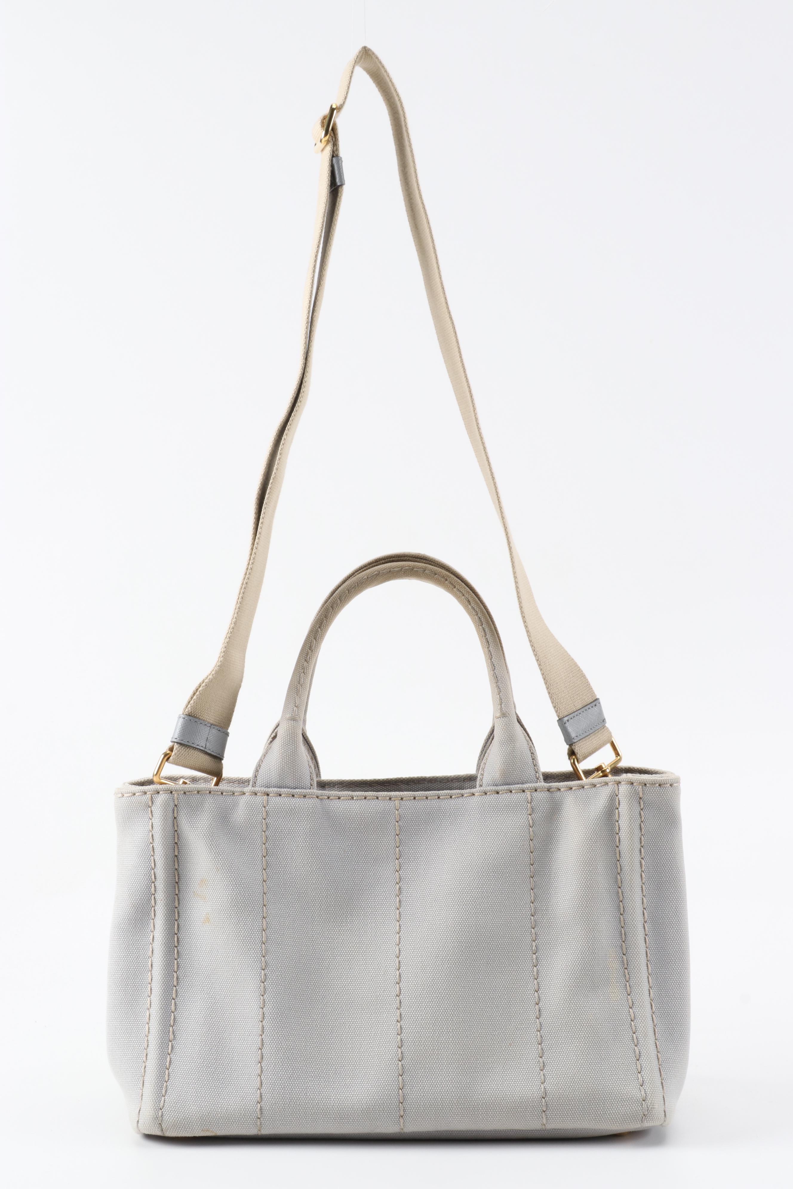 Prada Logo Print Two-Way Tote in Nube Grey Canapa Canvas