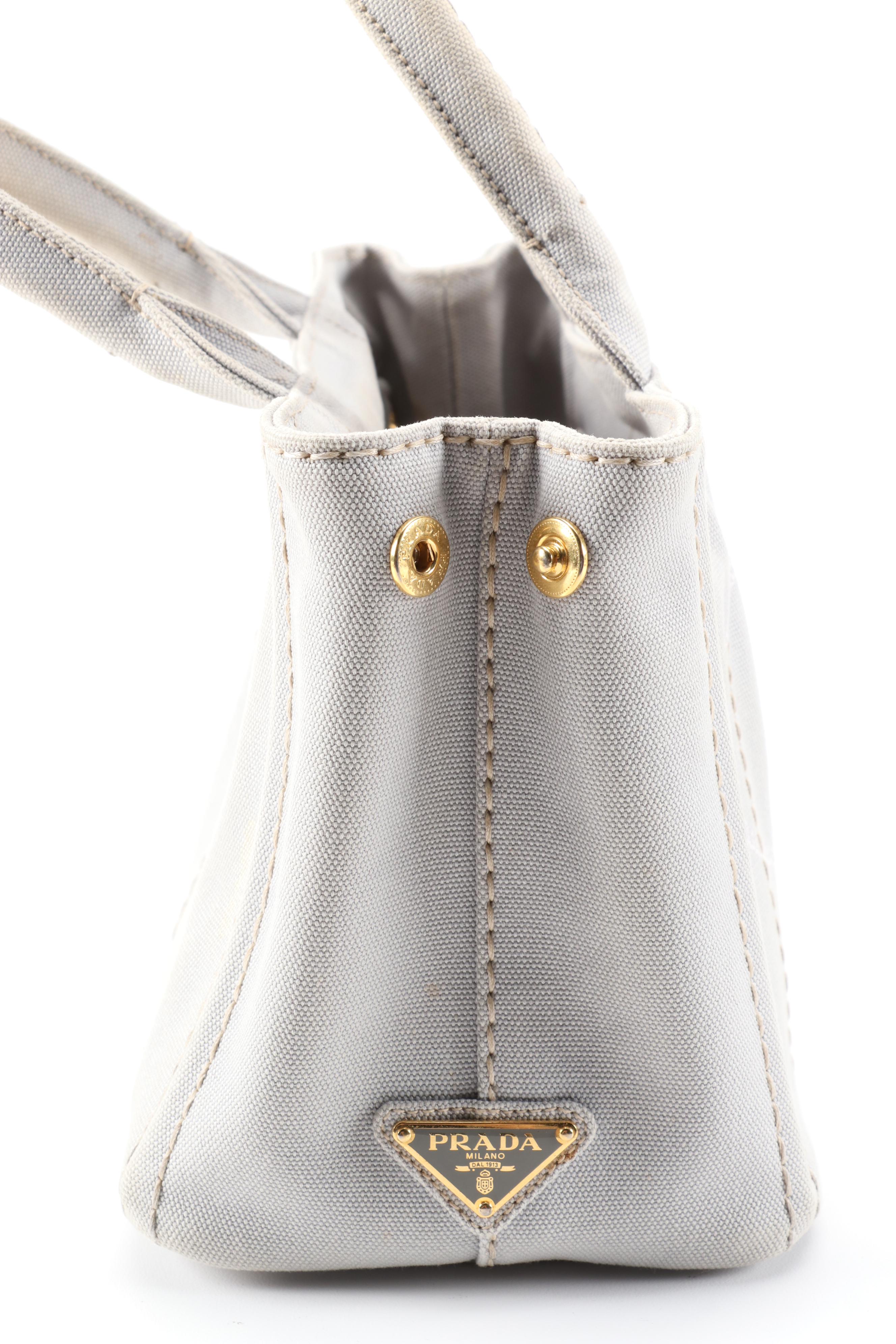 Prada Logo Print Two-Way Tote in Nube Grey Canapa Canvas