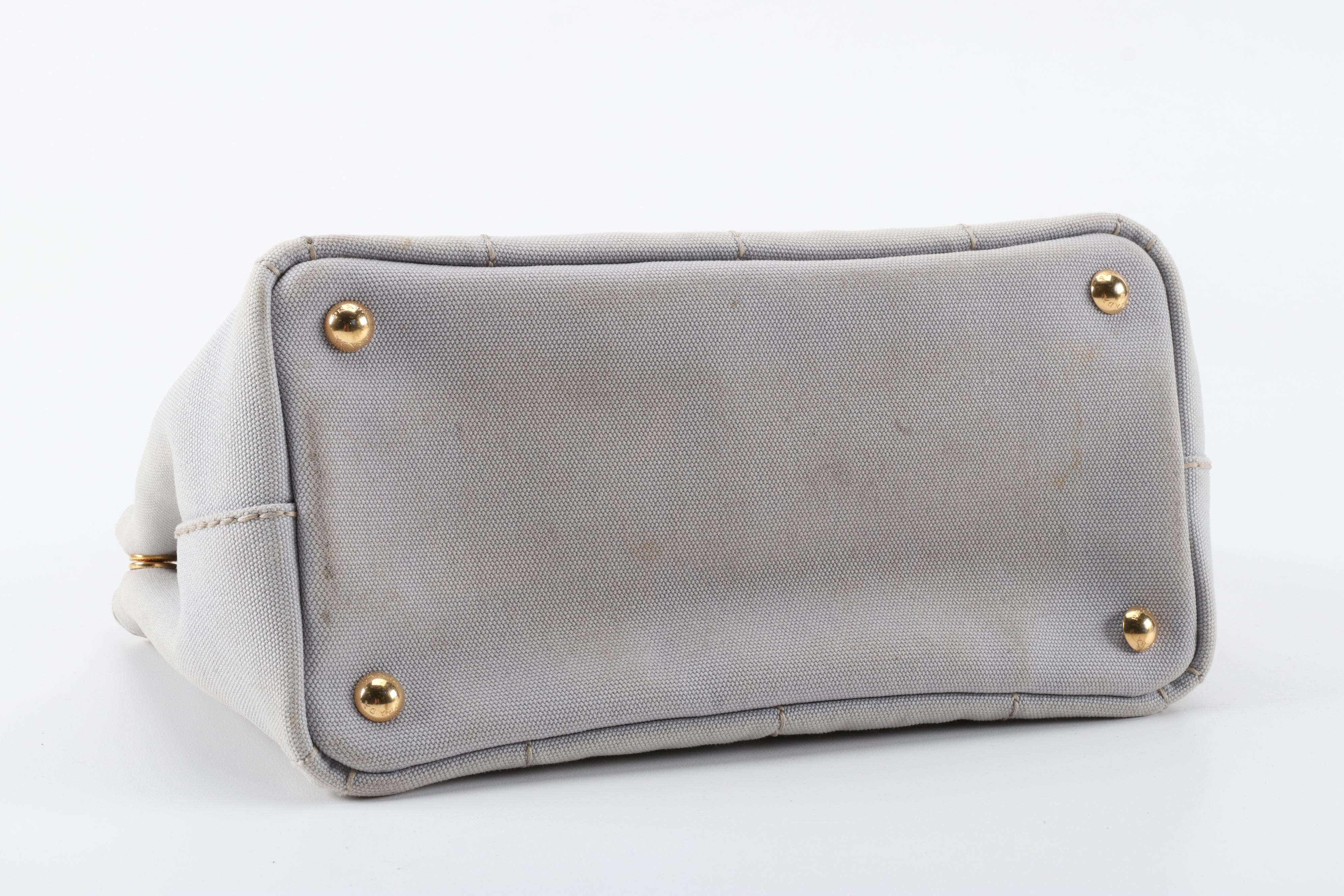 Prada Logo Print Two-Way Tote in Nube Grey Canapa Canvas